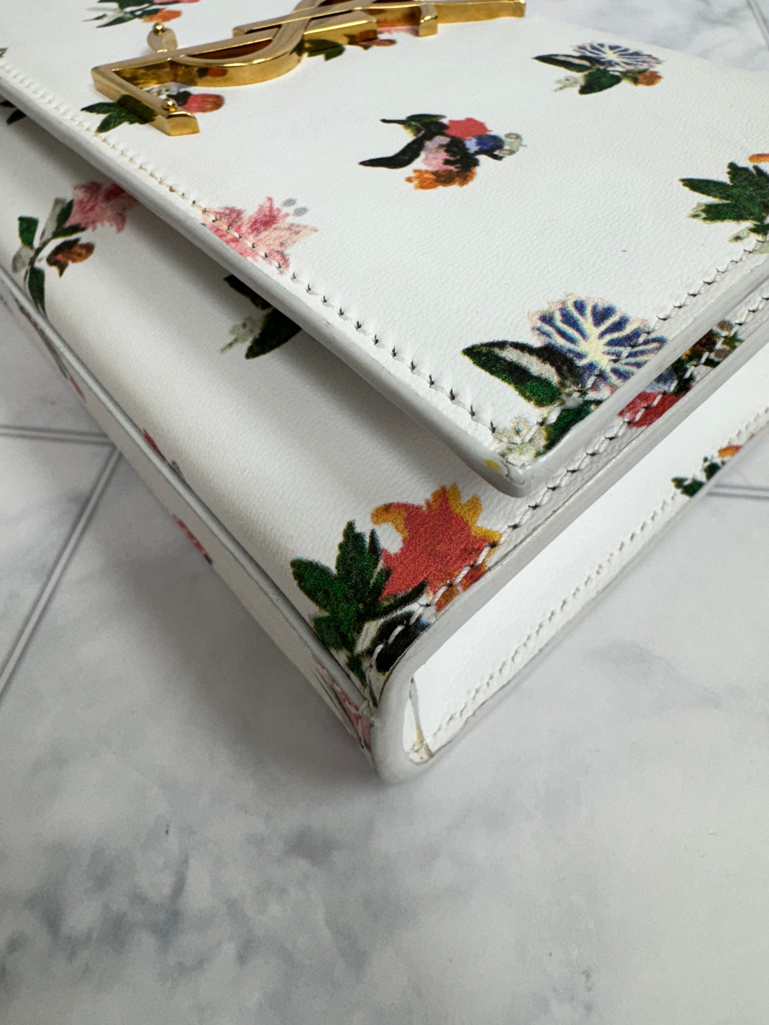 Saint Laurent YSL White And Floral Leather Chain Shoulder Bag