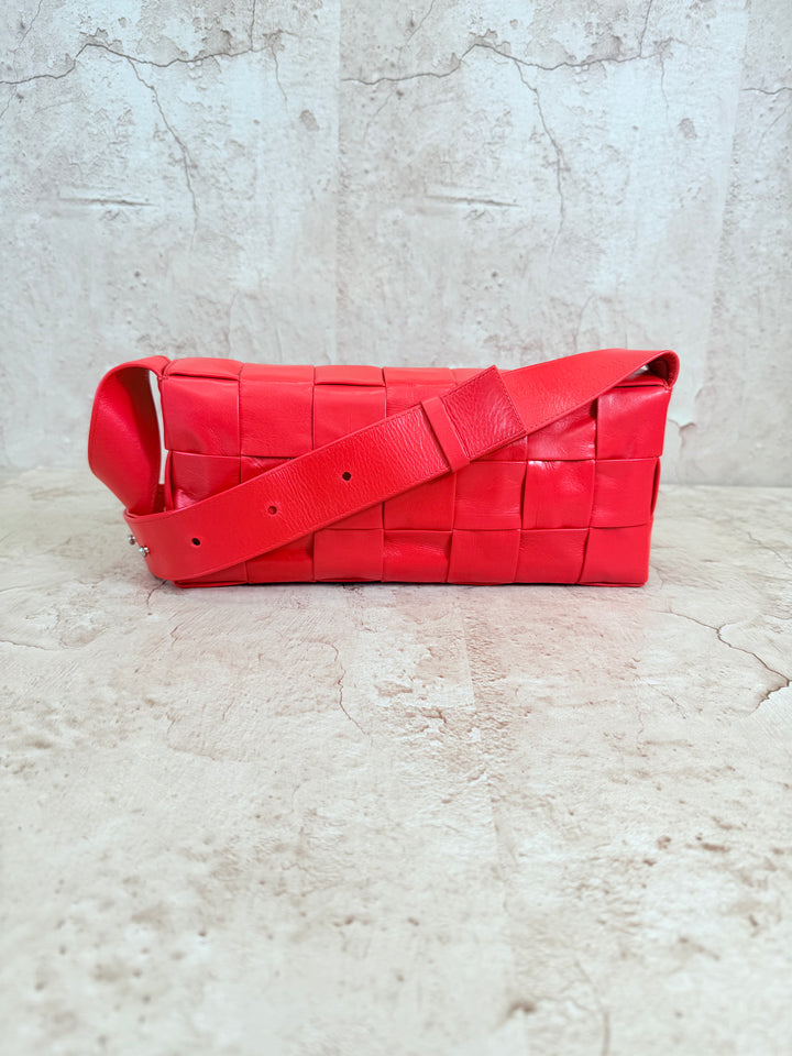 Bottega Veneta Bright Red Calfskin Intrecciato Stretch Cassette Crossbody Bag