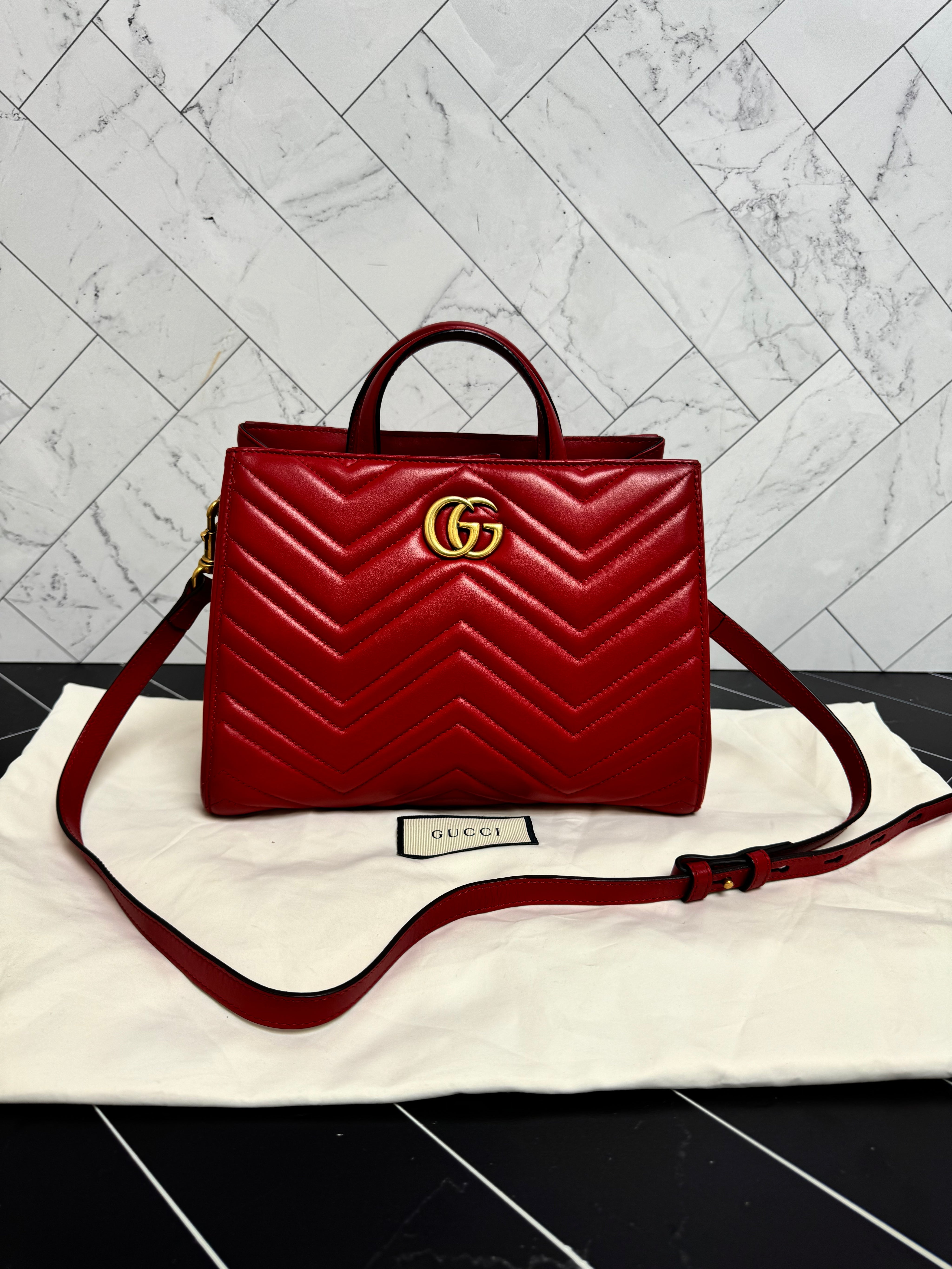 Gucci Red Chevron Marmont Leather 2Way Bag