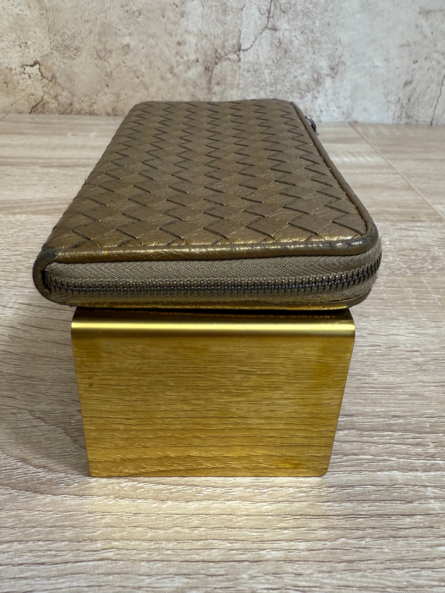 Bottega Veneta Gold Intrecciato Leather Zip-Around Wallet