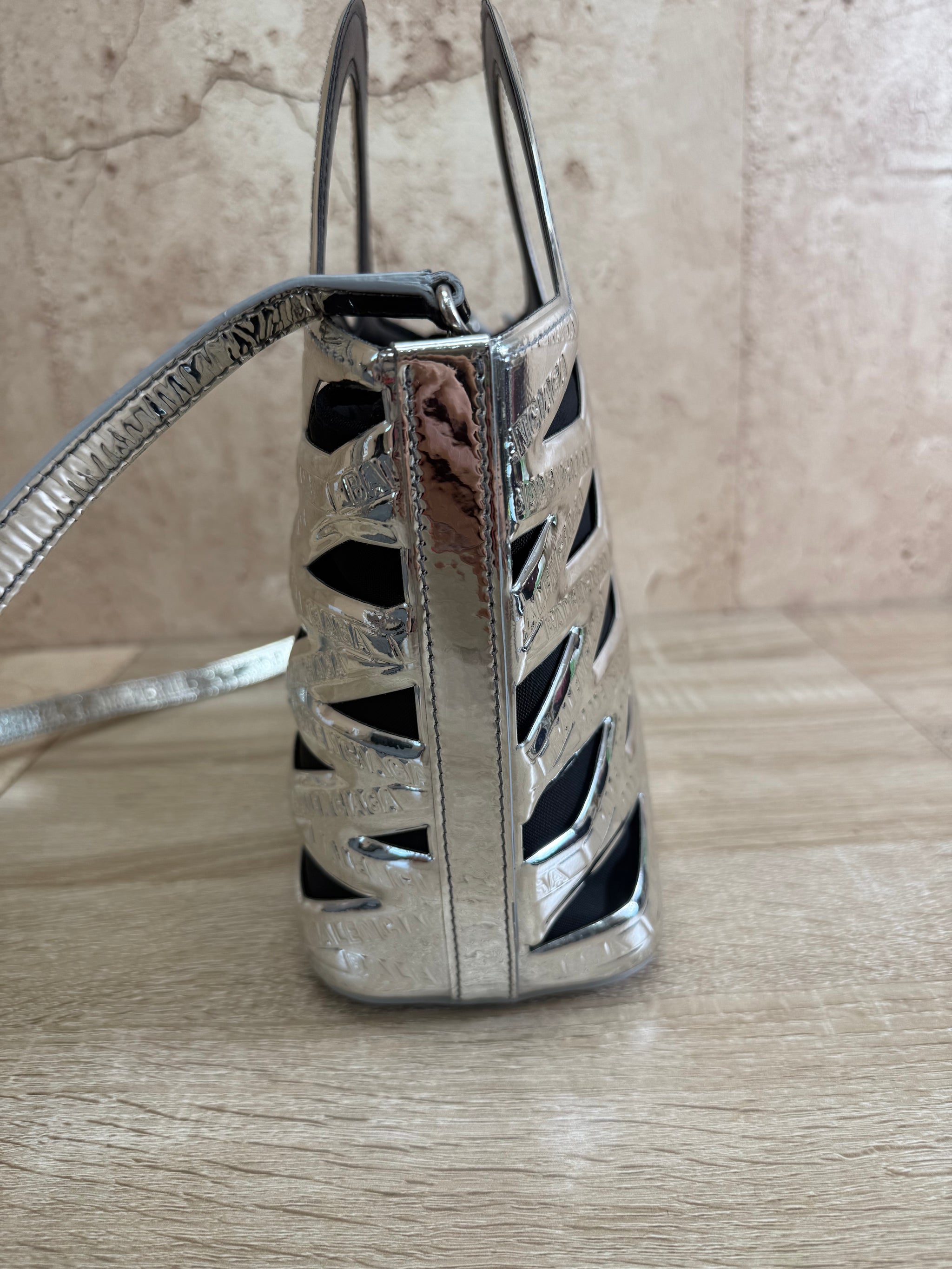 Balenciaga Metallic Silver Patent Leather Neo Basket Tote