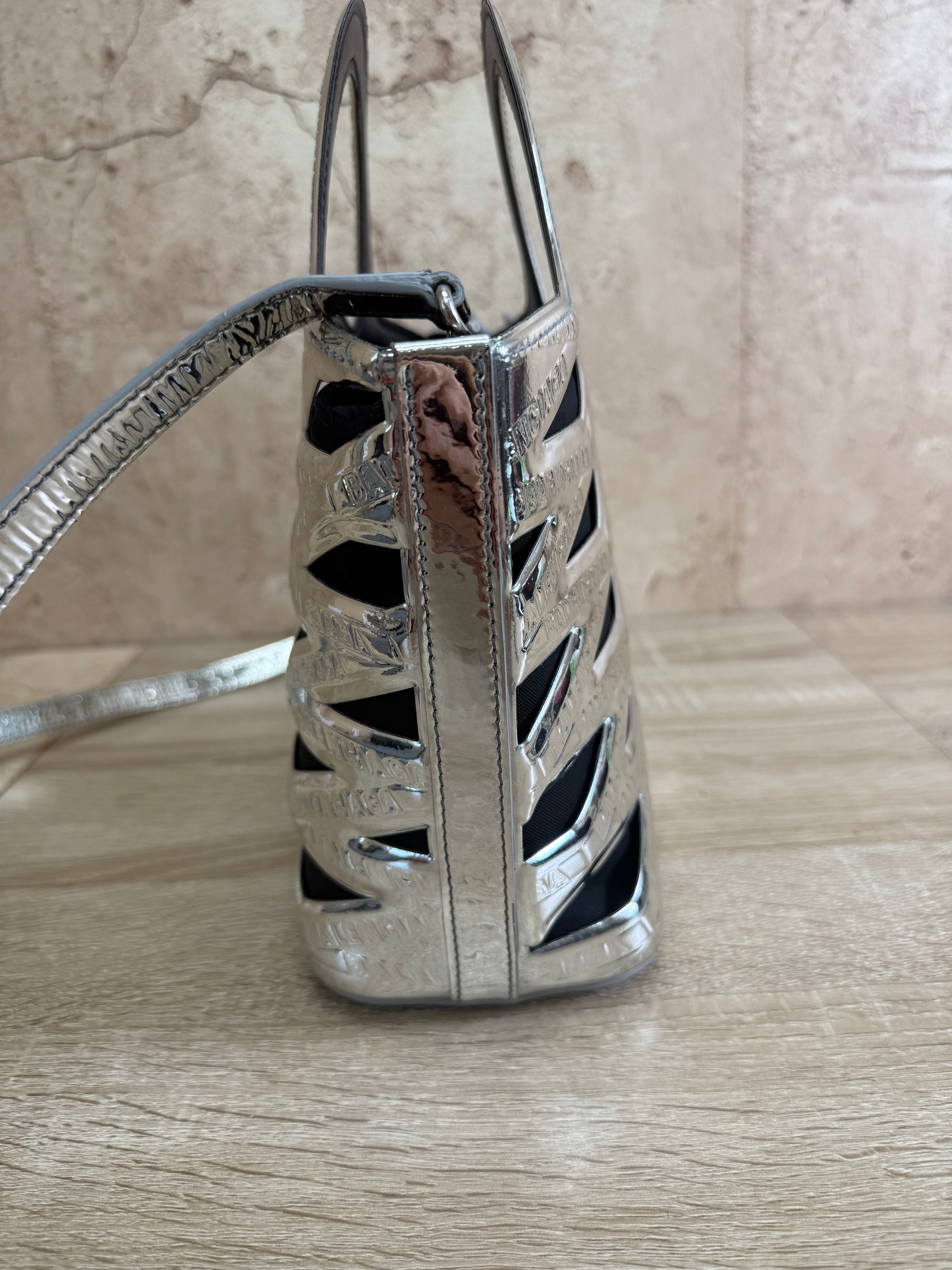 Balenciaga Metallic Silver Patent Leather Neo Basket Tote