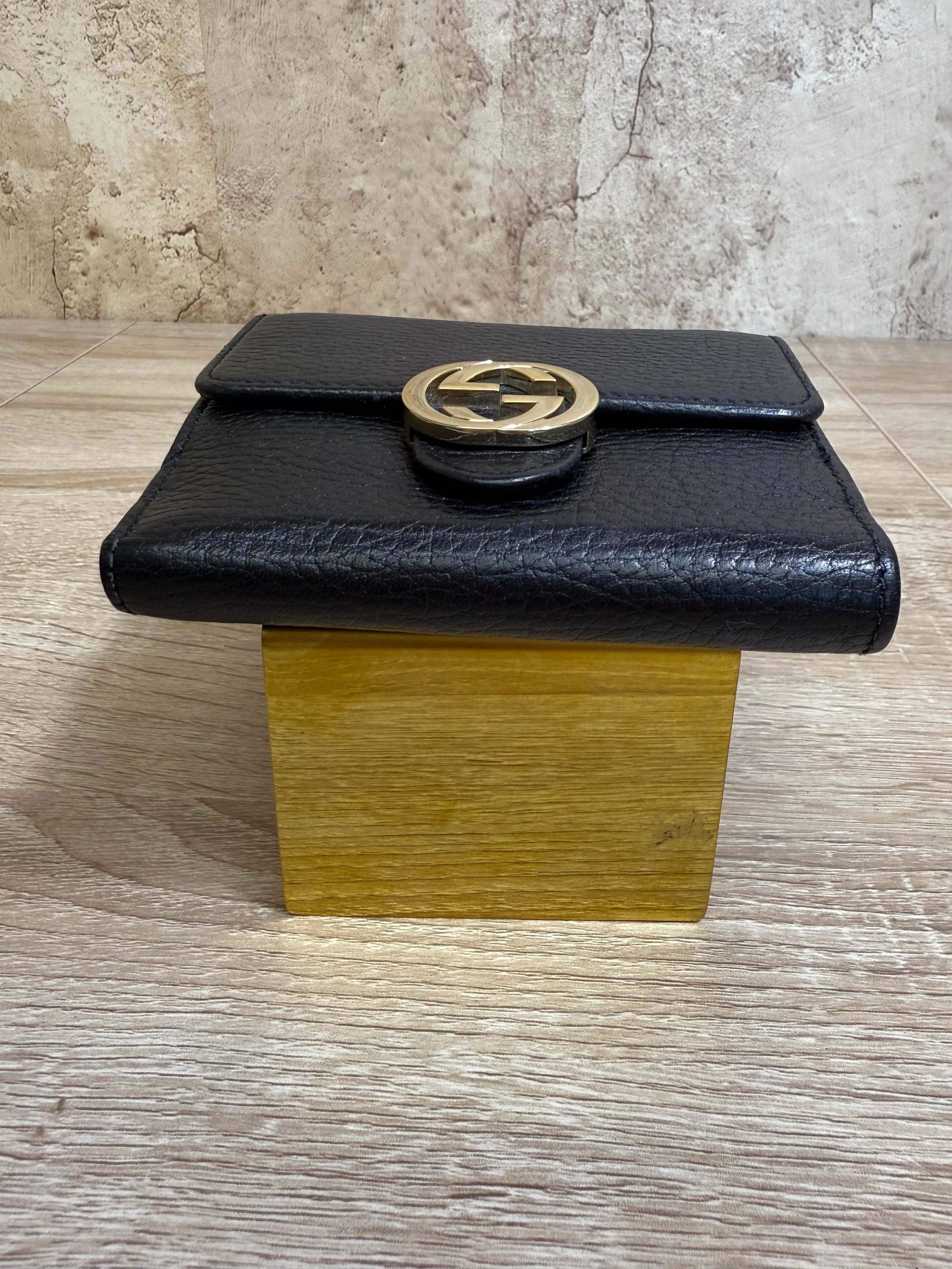 Gucci Black Leather Interlocking G Compact Wallet