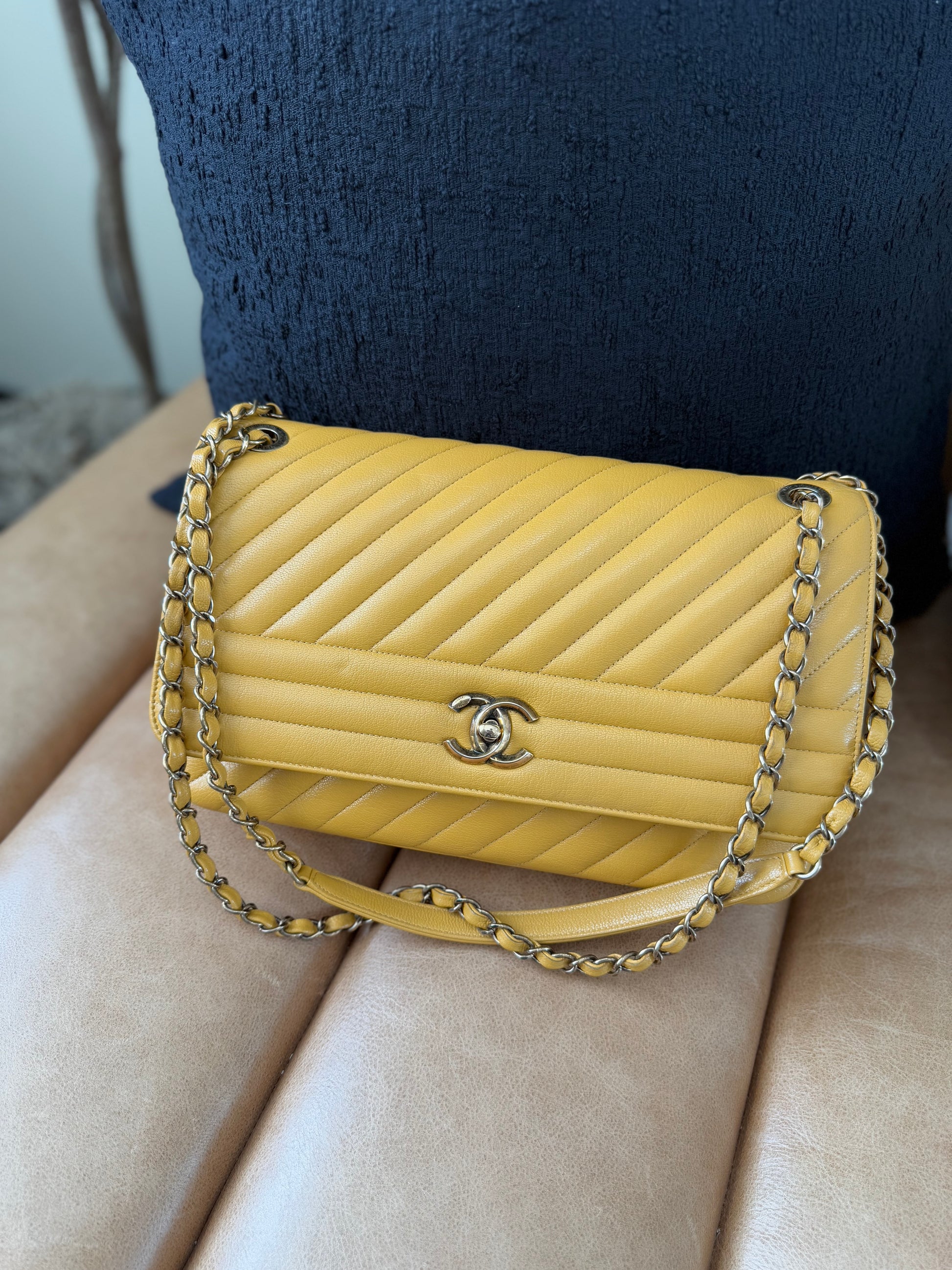 Chanel Yellow Calfskin Diagonal Stitch Large Single Flap