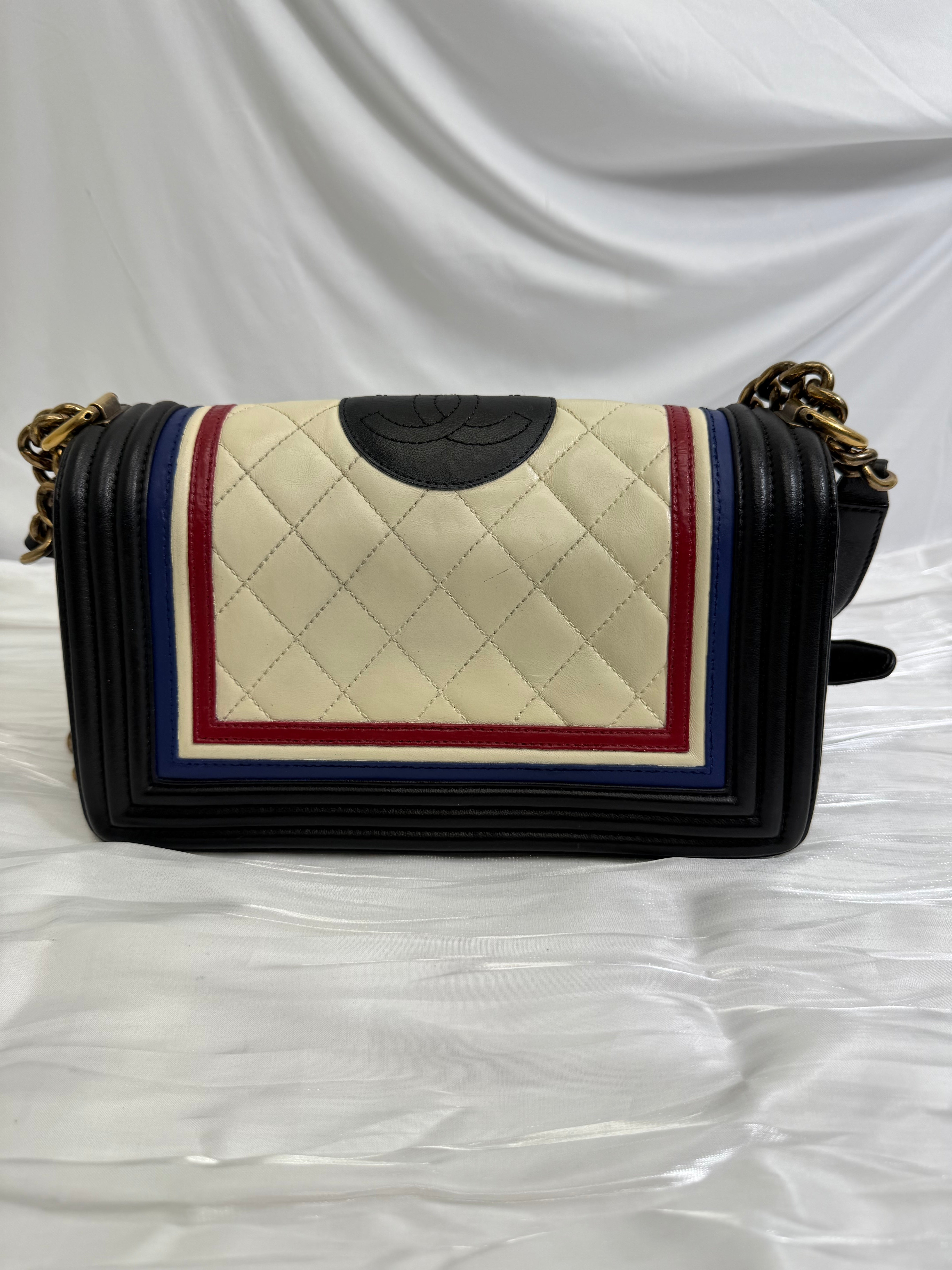 Chanel Quilted Calfskin Crest Embellished Medium Boy Bag