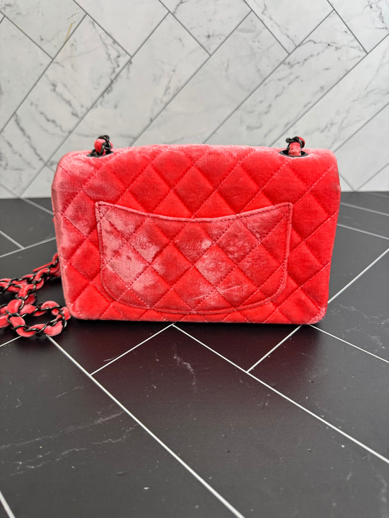 Chanel Coral Classic Single Flap Bag Quilted Velvet Mini