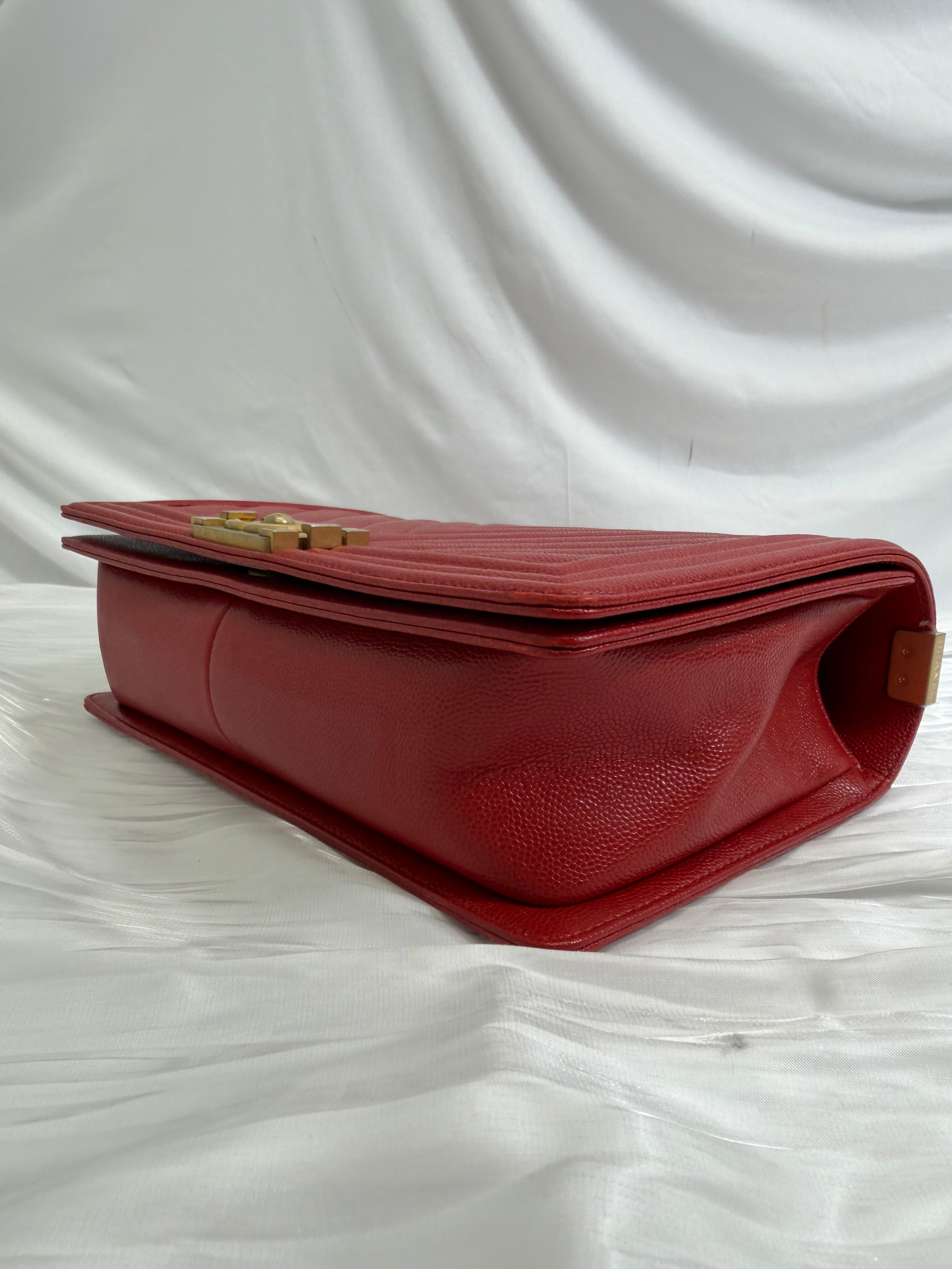 Chanel Red Chevron Quilted Caviar Medium Boy Bag