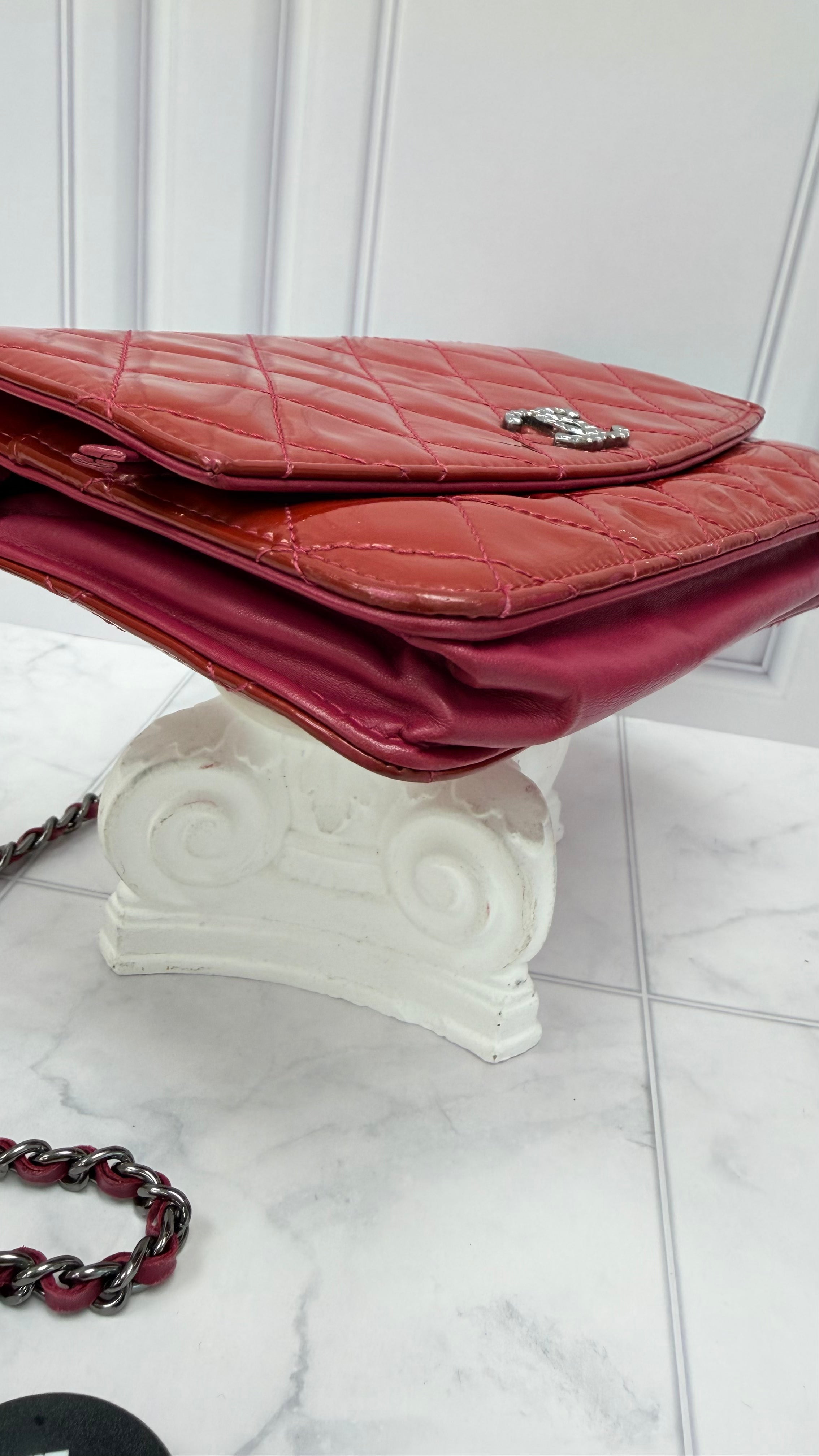 Chanel Rose Red Quilted Patent Leather Wallet on a Chain