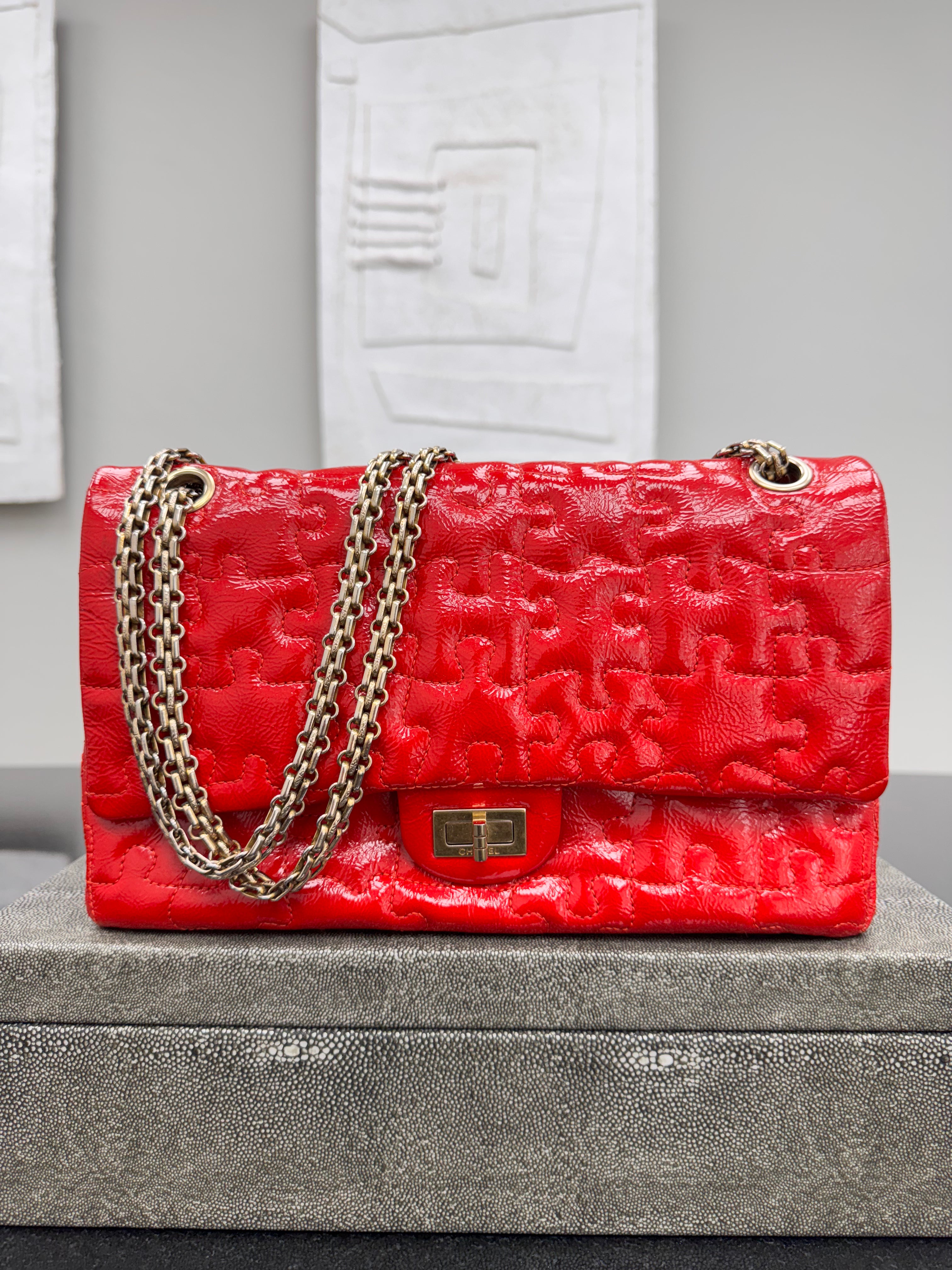 Chanel Red Puzzle Quilted Patent Leather Reissue 2.55 Shoulder Bag