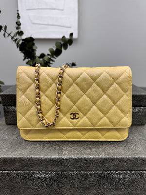 Chanel Iridescent Yellow Quilted Caviar Leather Wallet On A Chain