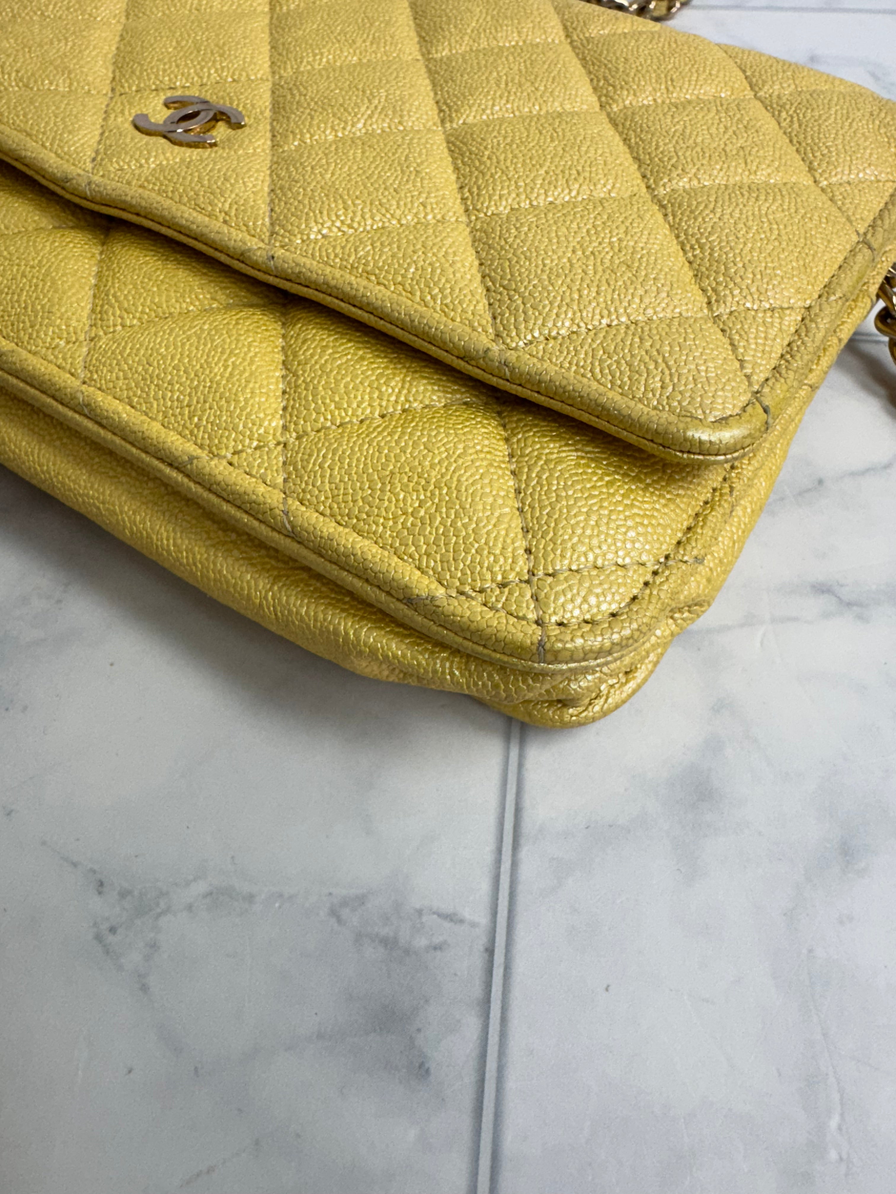 Chanel Iridescent Yellow Quilted Caviar Leather Wallet On A Chain