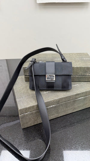 Fendi Black Striped Canvas Convertible Baguette Crossbody Pouch