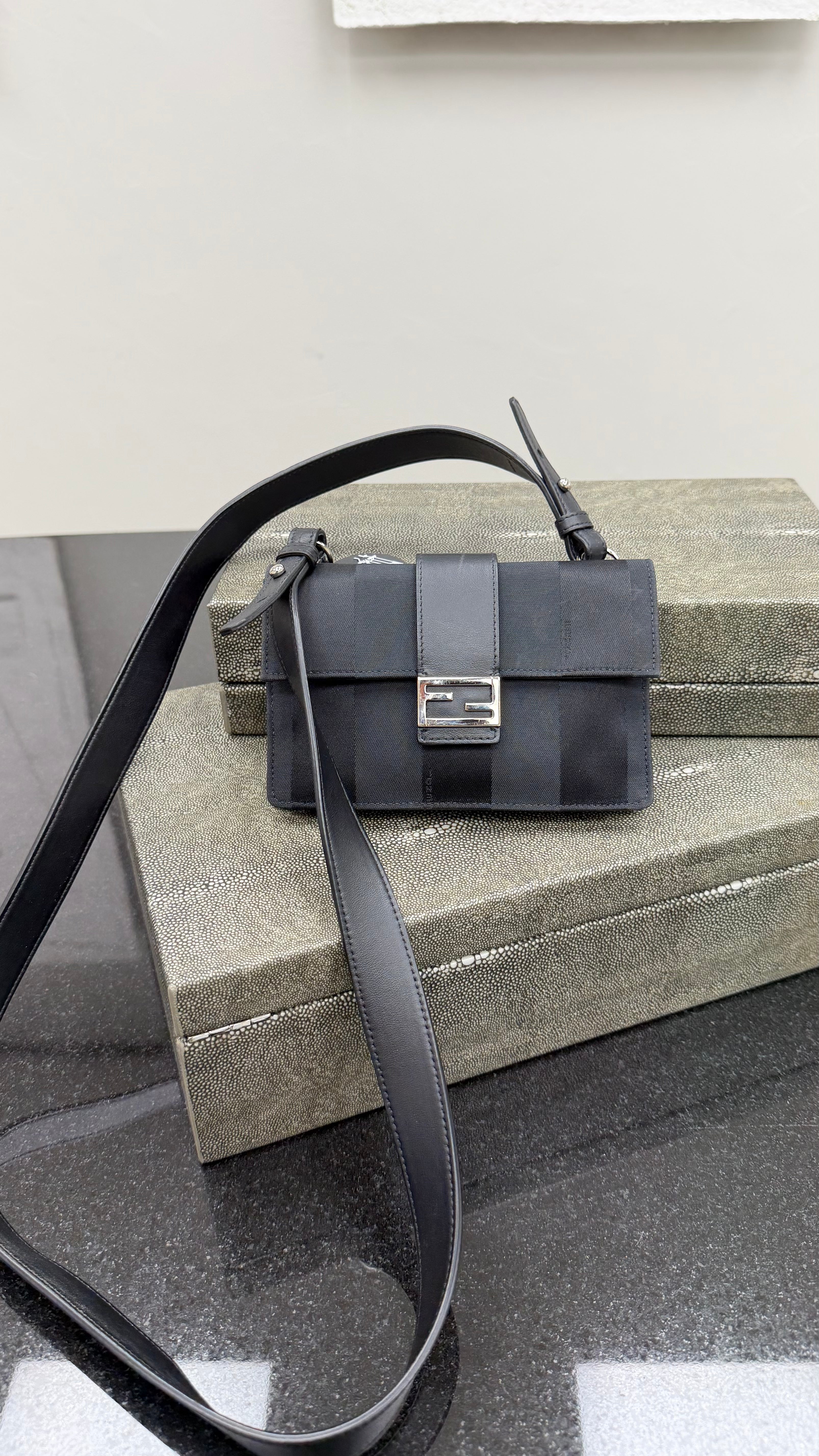 Fendi Black Striped Canvas Convertible Baguette Crossbody Pouch