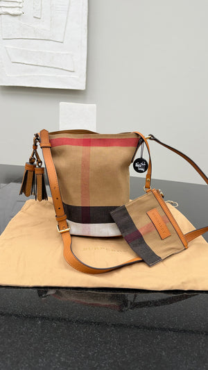 Burberry Beige Mega Check Canvas Bucket Bag & Pouch
