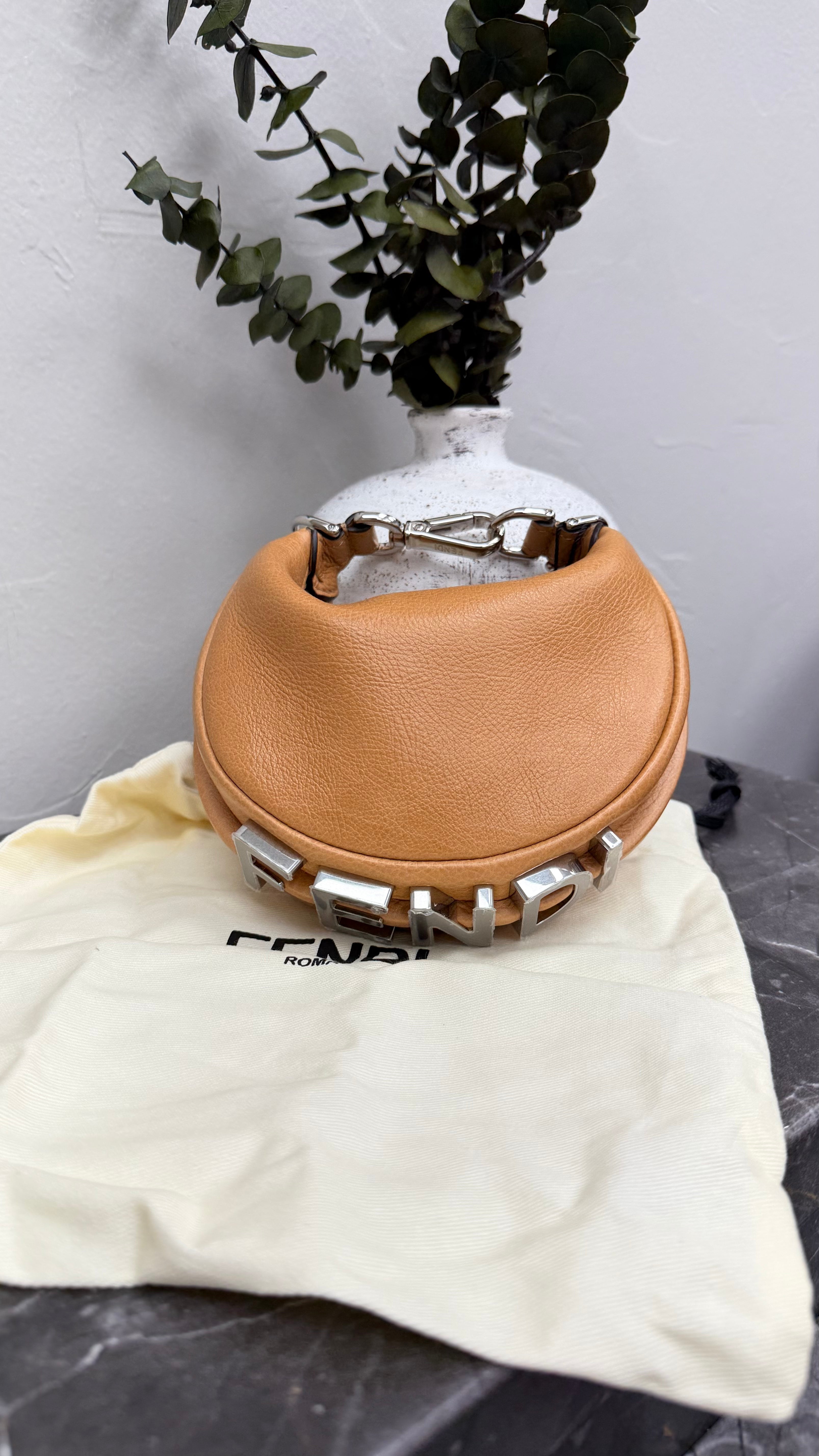 *DONS DROP* BRAND NEW- Fendi Brown Leather Nano Vitello Grace Fendigraphy Hobo Bag
