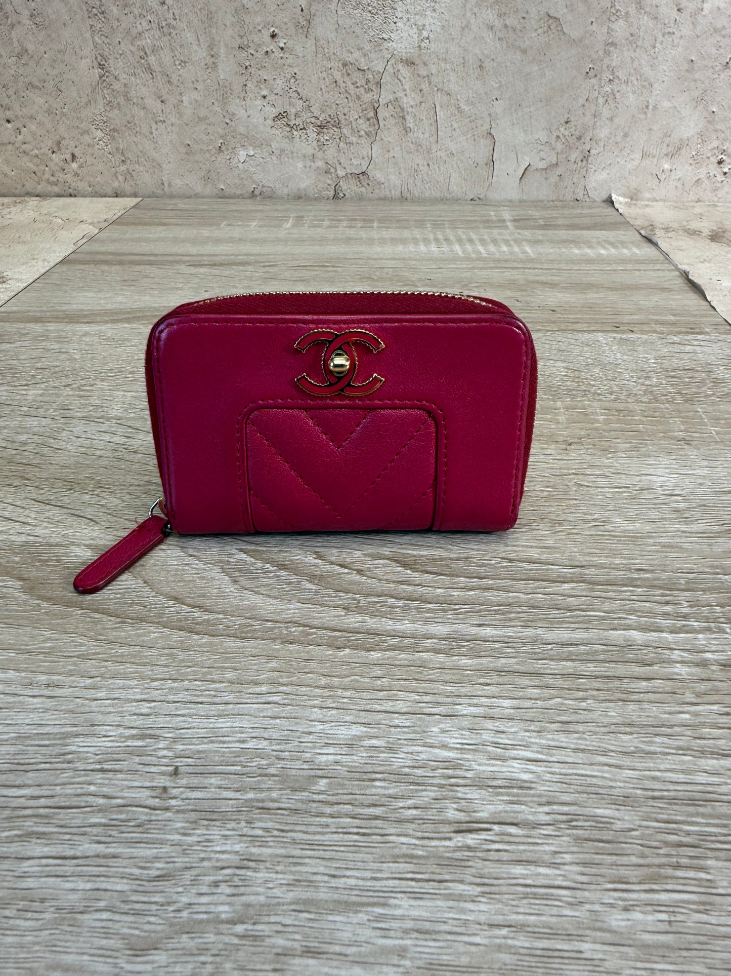 Chanel Chevron Red Leather Zippy Compact Wallet