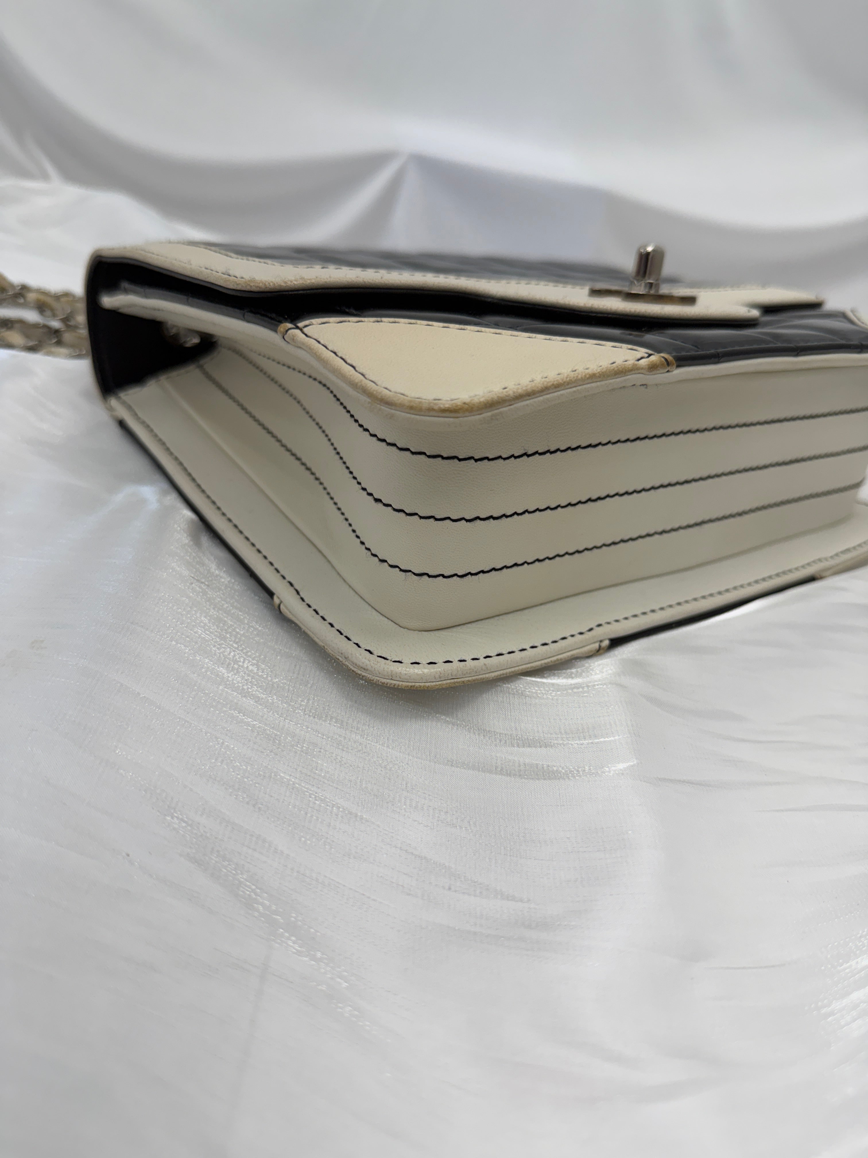 Chanel White & Black Patent Leather Chocolate Bar Square Bag