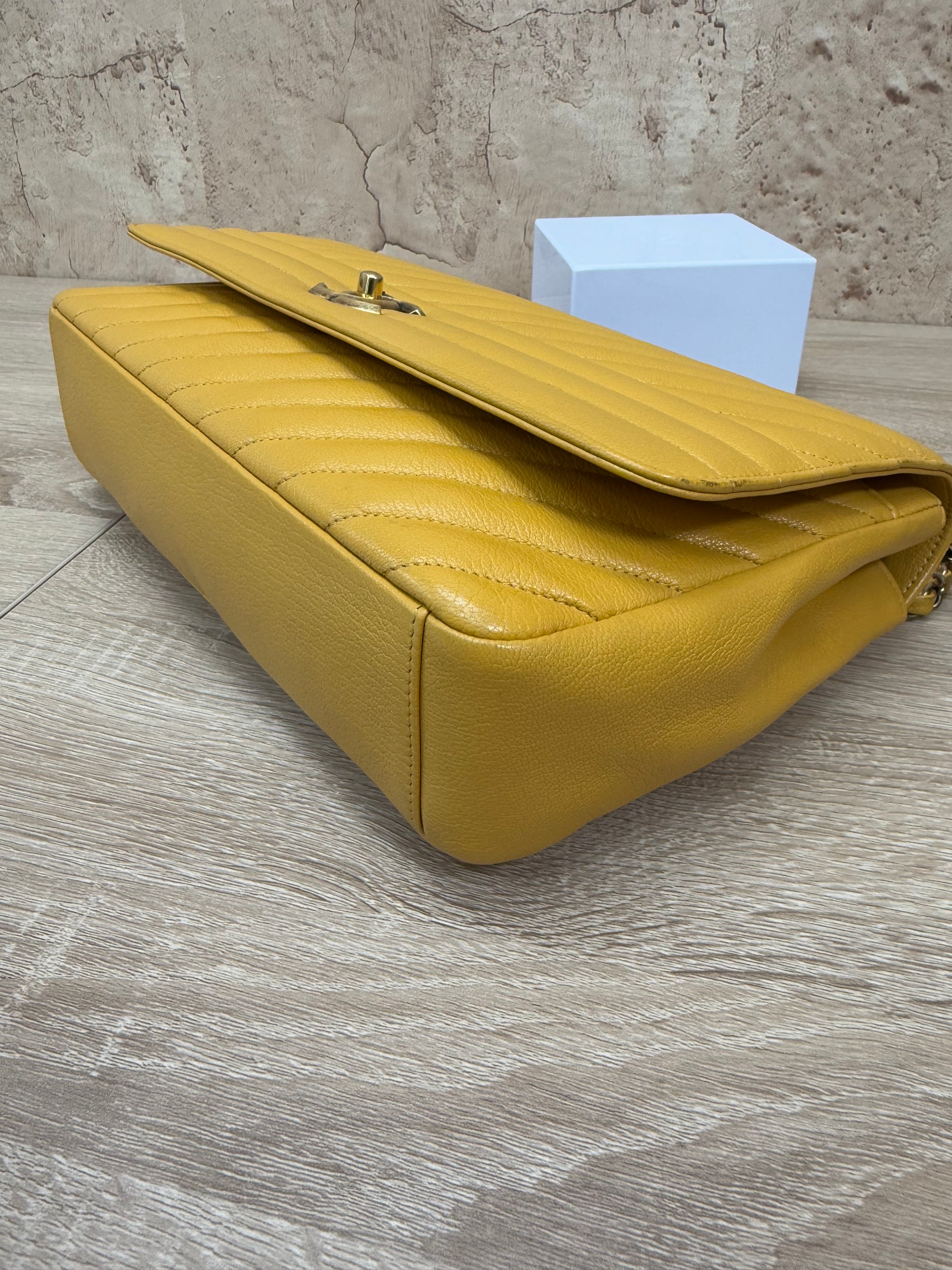 Chanel Yellow Calfskin Diagonal Stitch Large Single Flap