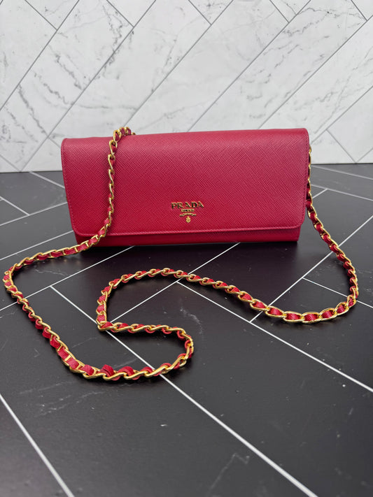 Prada Red Saffiano Leather Wallet on a Chain