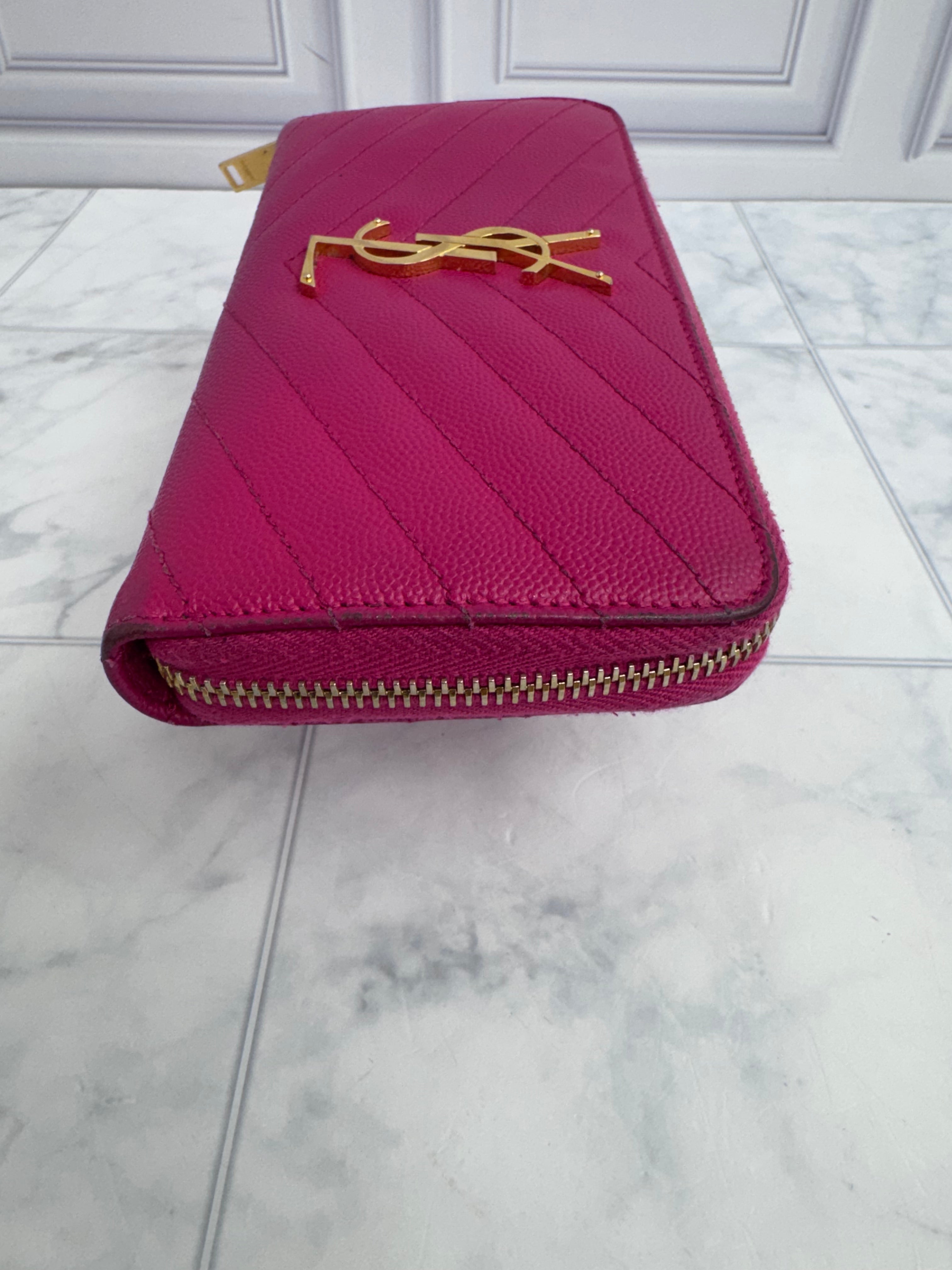 Saint Laurent YSL Pink Quilted Caviar Leather Zippy Wallet