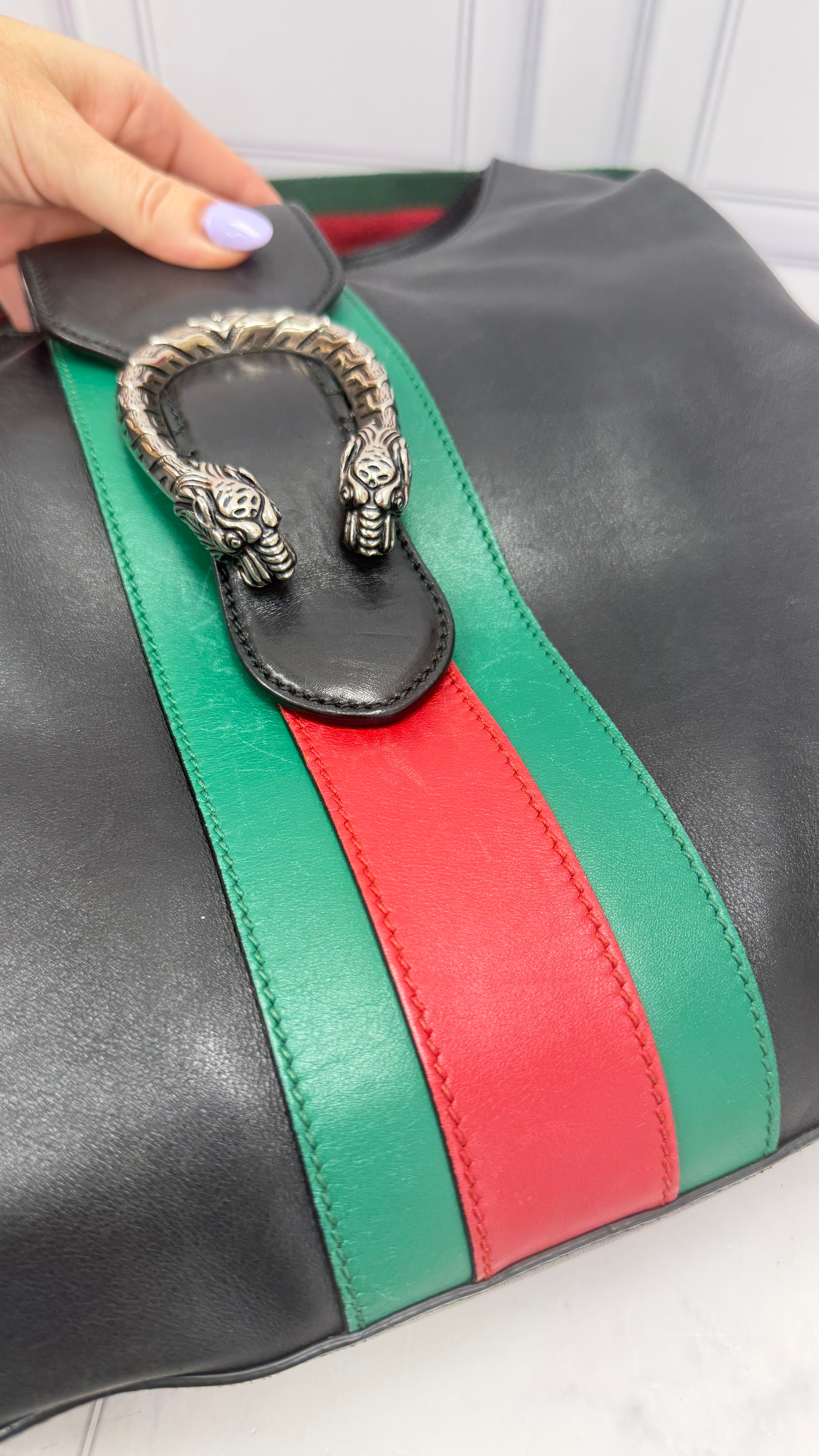 Gucci Black Leather Web Stripe Medium Dionysus Hobo Bag