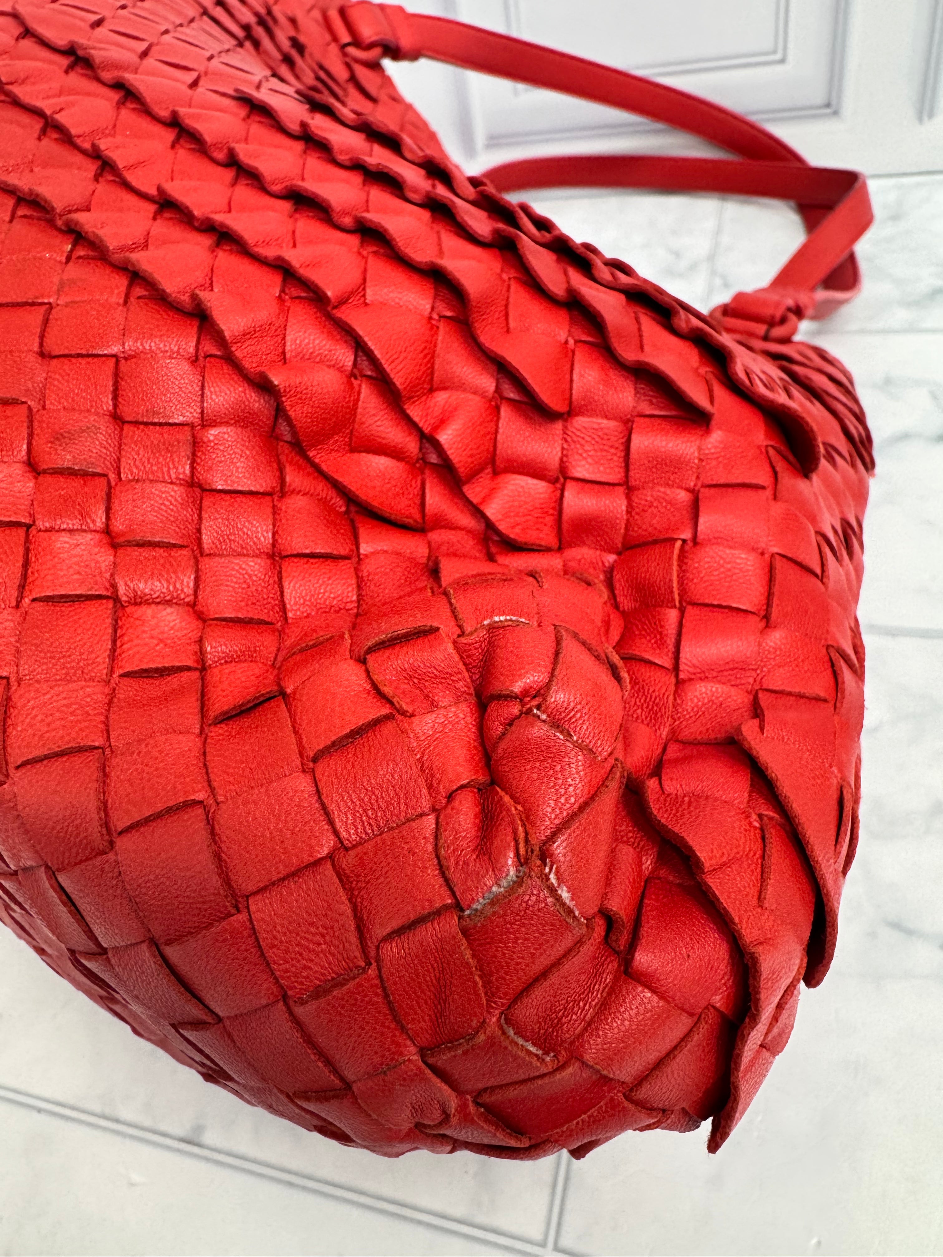 Bottega Veneta Red Intrecciato Leather Ruffle Tote