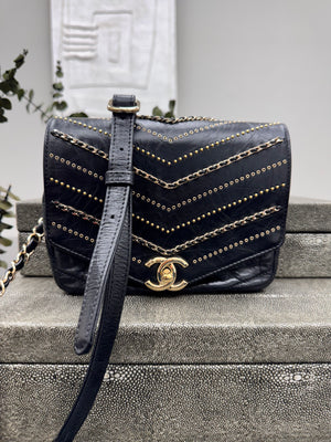 Chanel Black Chevron Studded Quilted Leather Chain Flap Crossbody Bag