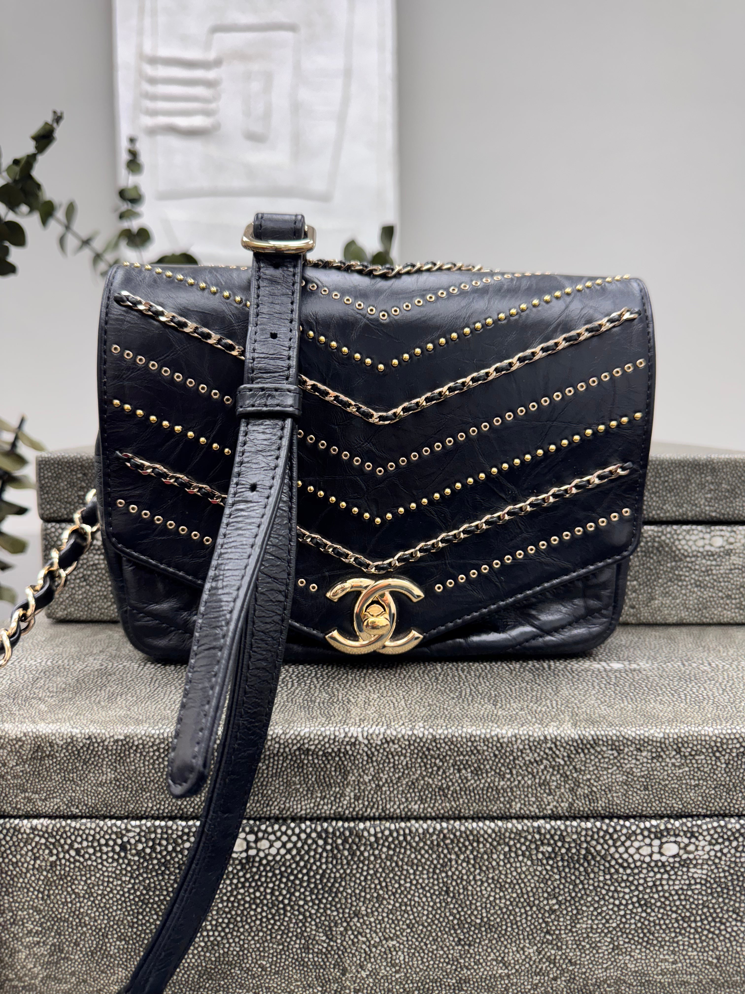 Chanel Black Chevron Studded Quilted Leather Chain Flap Crossbody Bag