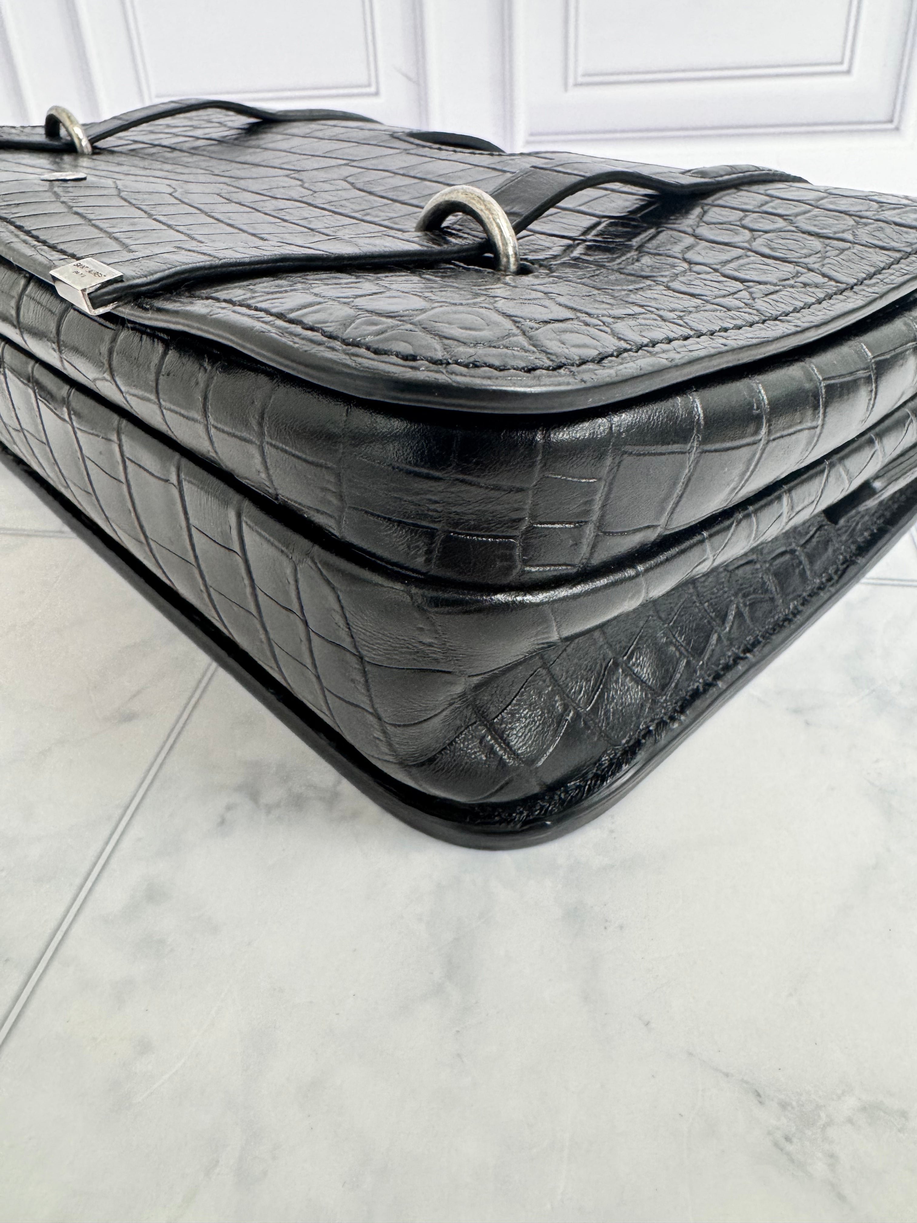Saint Laurent YSL Black Croc Embossed Leather Charlotte Messenger Bag
