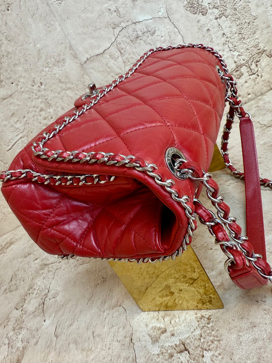 Chanel Red Crinkle Leather Running Chain Medium Single Flap