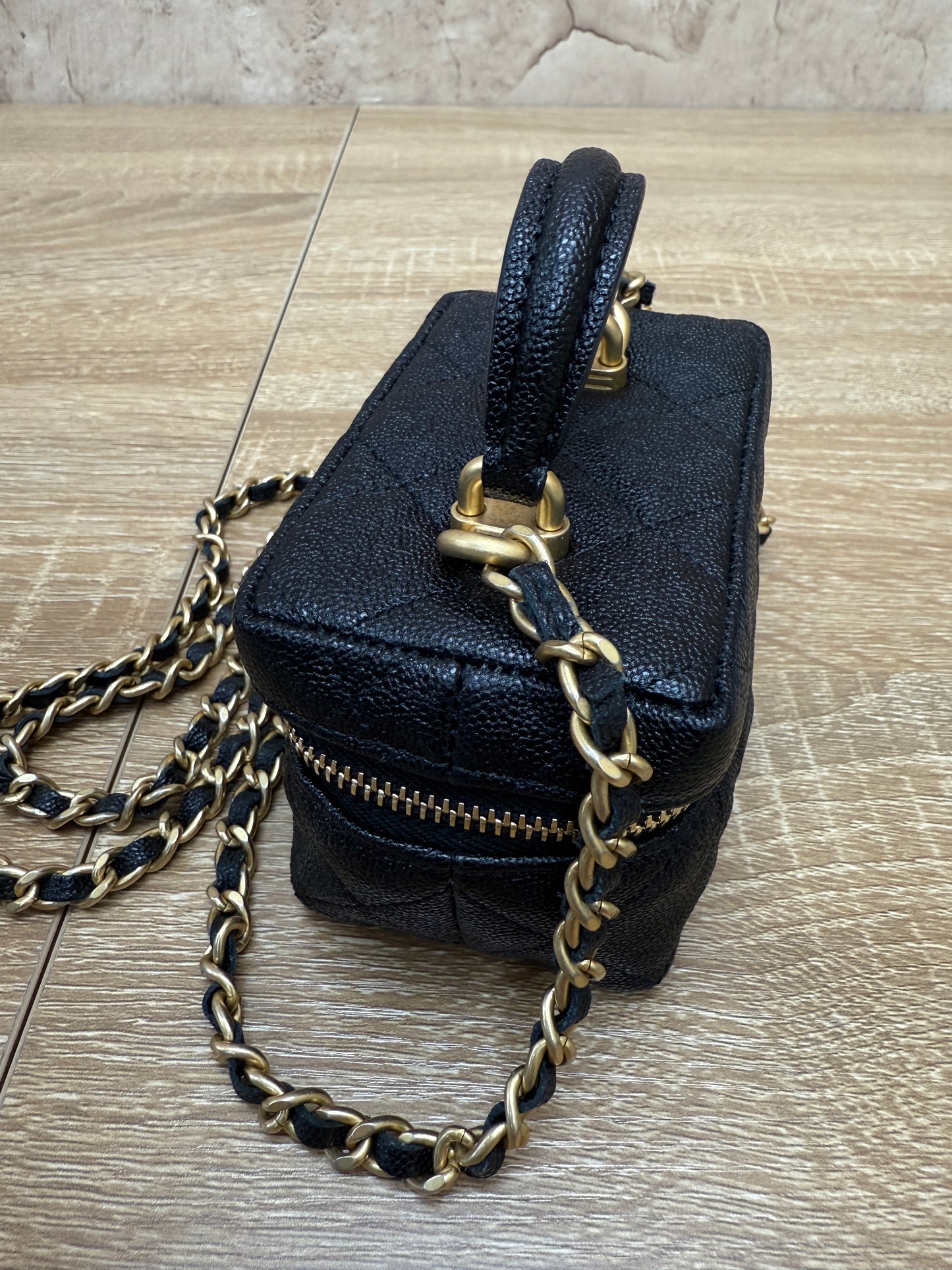 Chanel Black Caviar Quilted Mini Top Handle Vanity With Chain