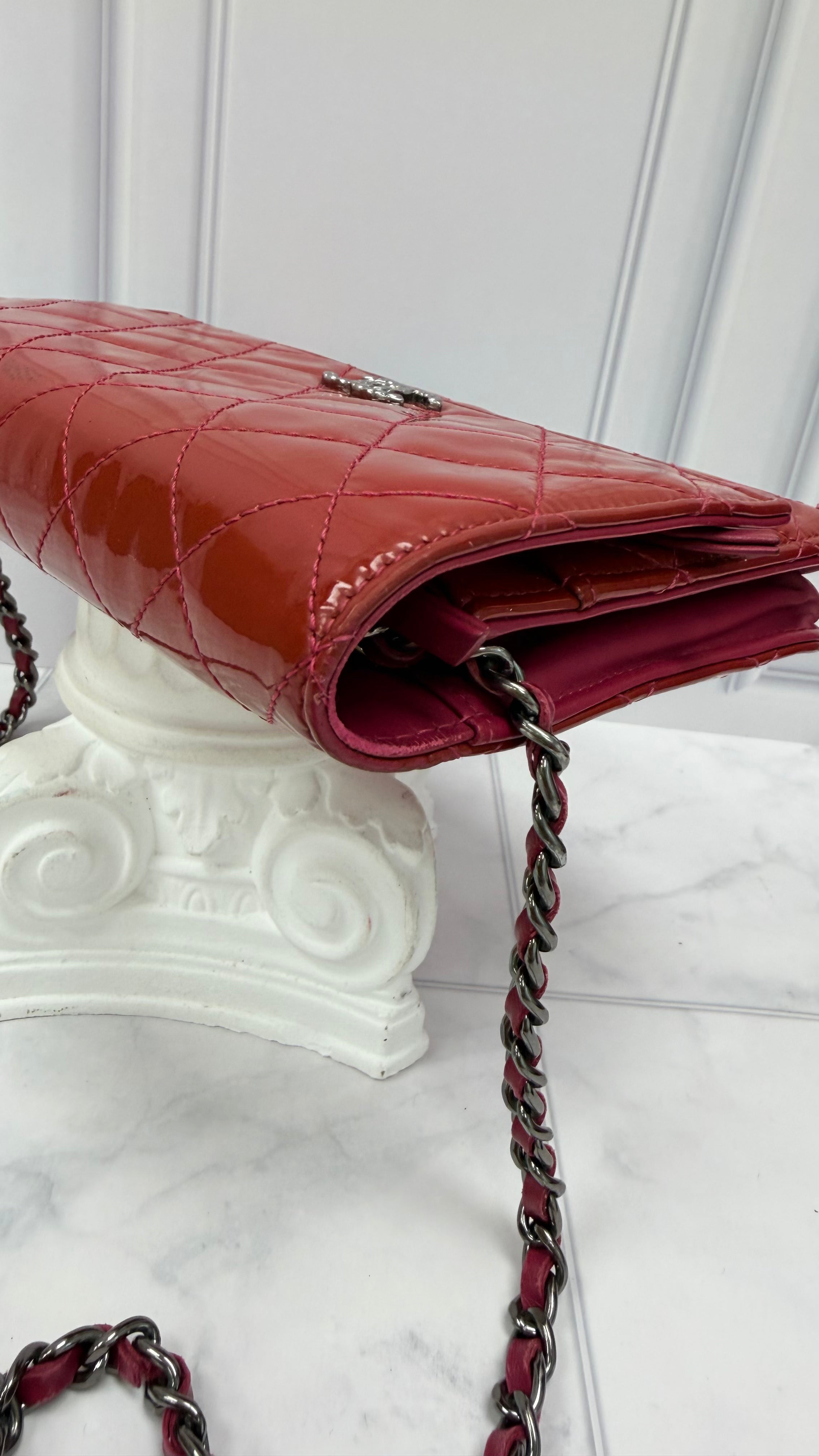 Chanel Rose Red Quilted Patent Leather Wallet on a Chain