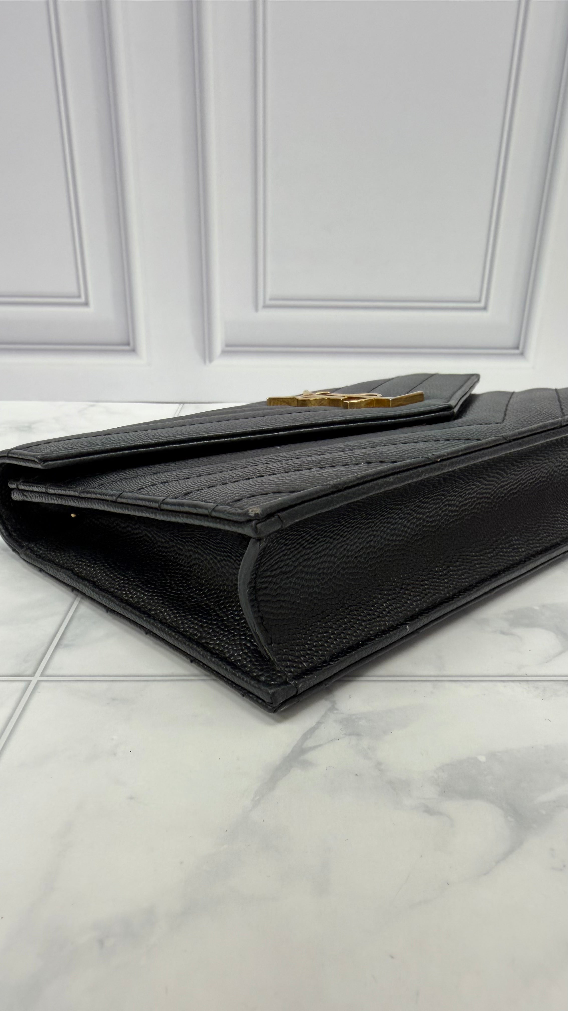*DONS DROP* Saint Laurent YSL Black Grained Leather Cassandre Envelope Chain wallet