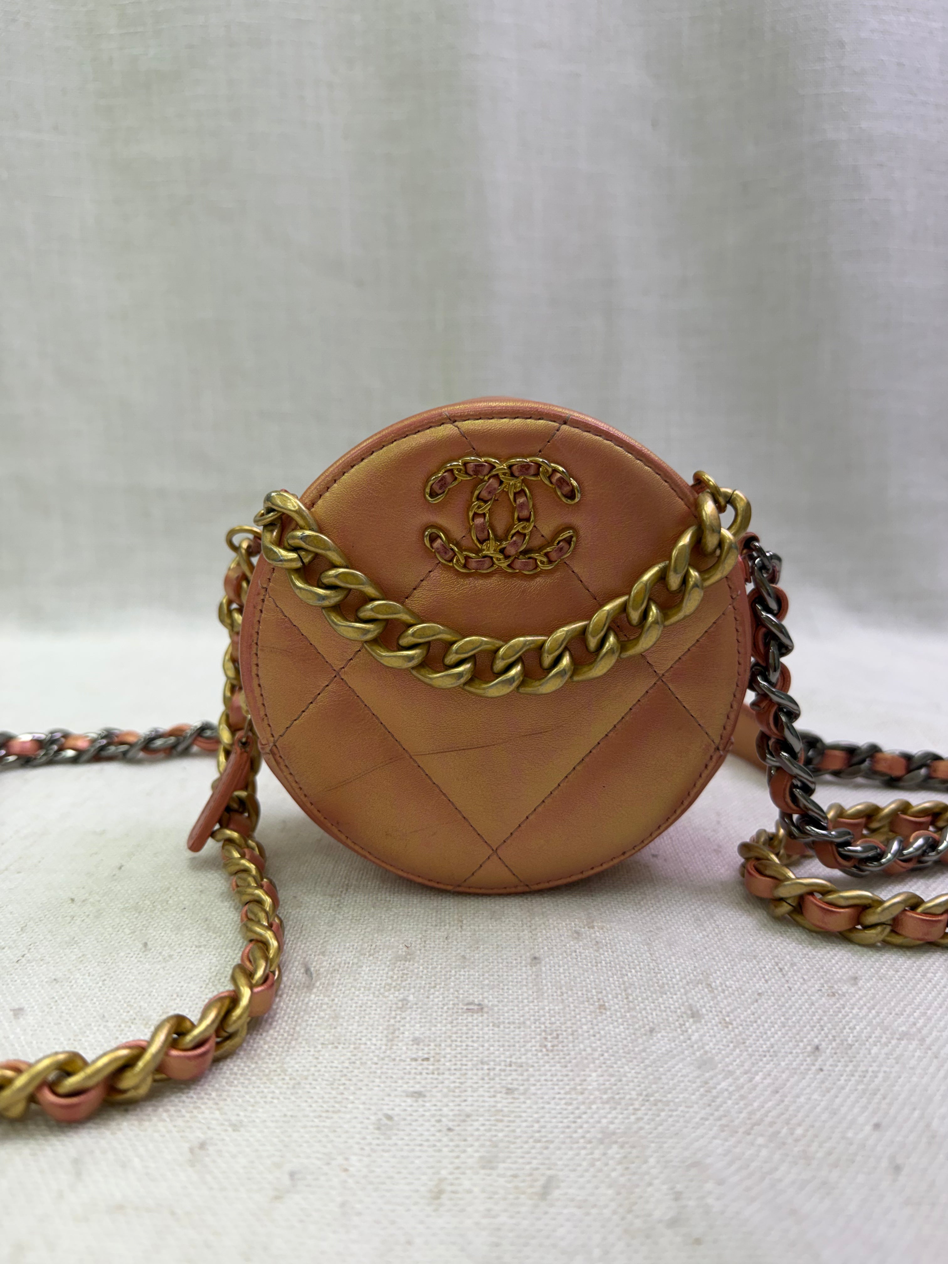 Chanel Pink Iridescent Chanel 19 Round Clutch on a Chain