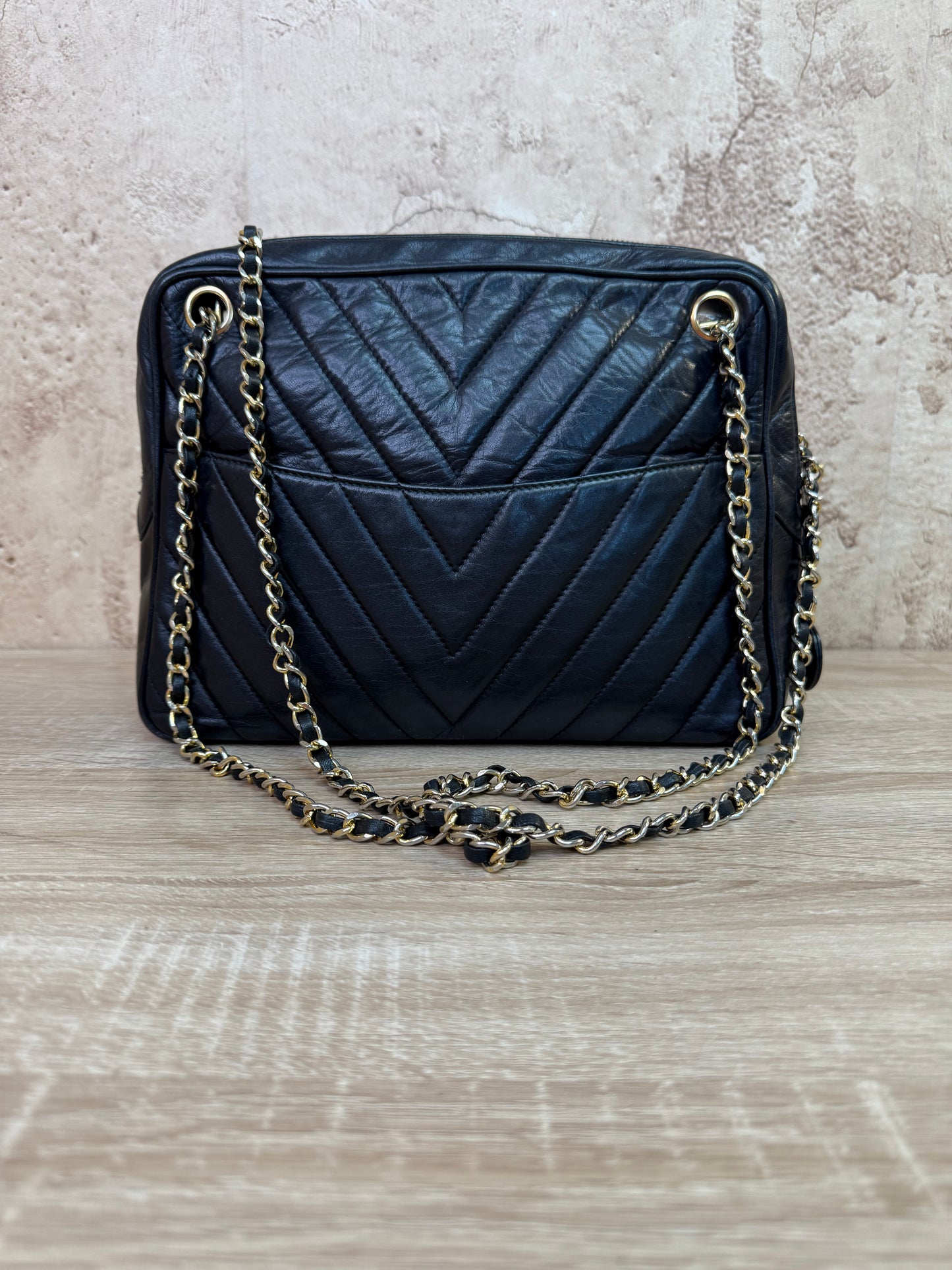 Chanel Black Lambskin Chevron Quilted Camera Shoulder Bag