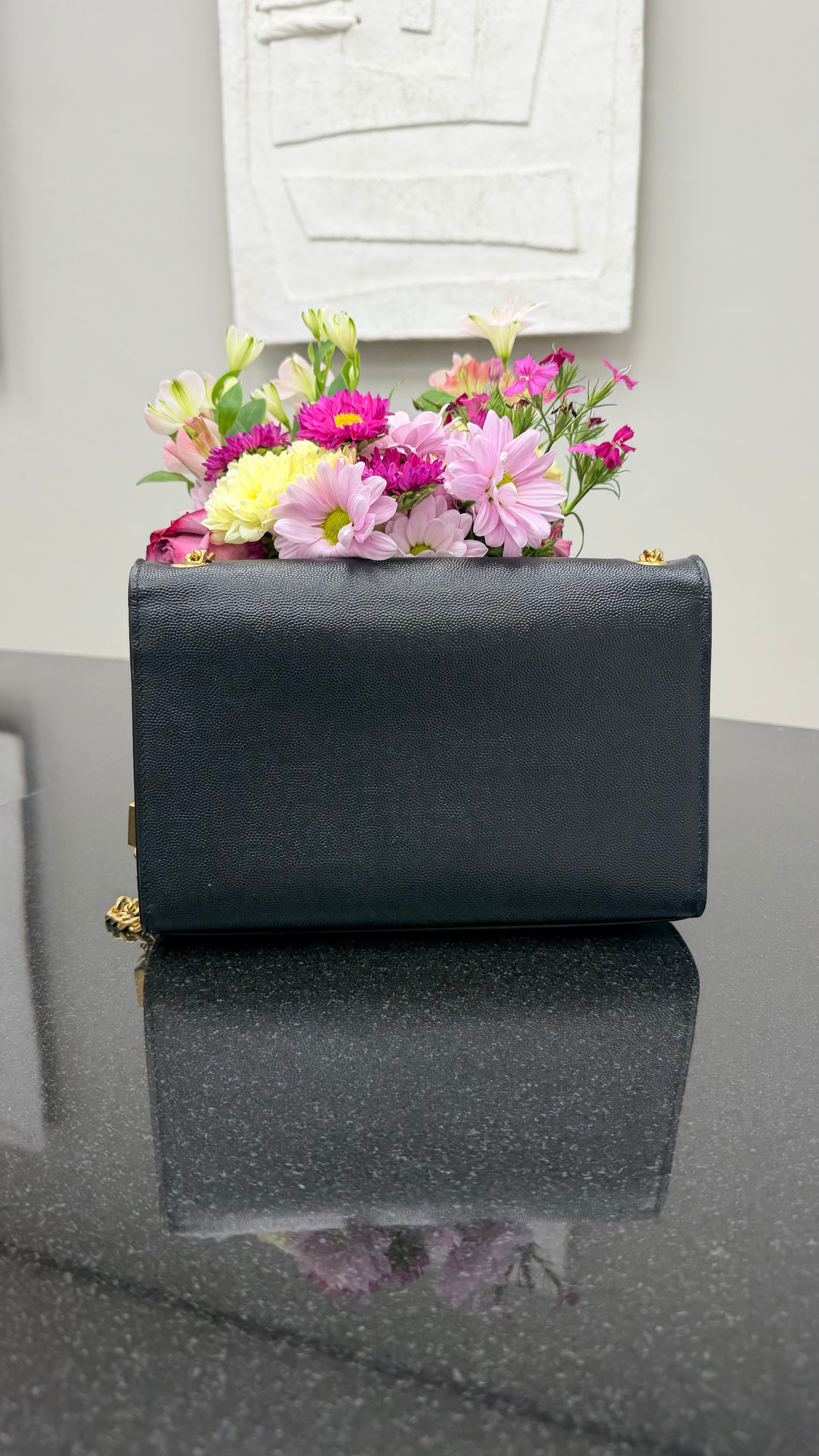 Saint Laurent YSL Black Pebbled Leather Kate Chain Bag