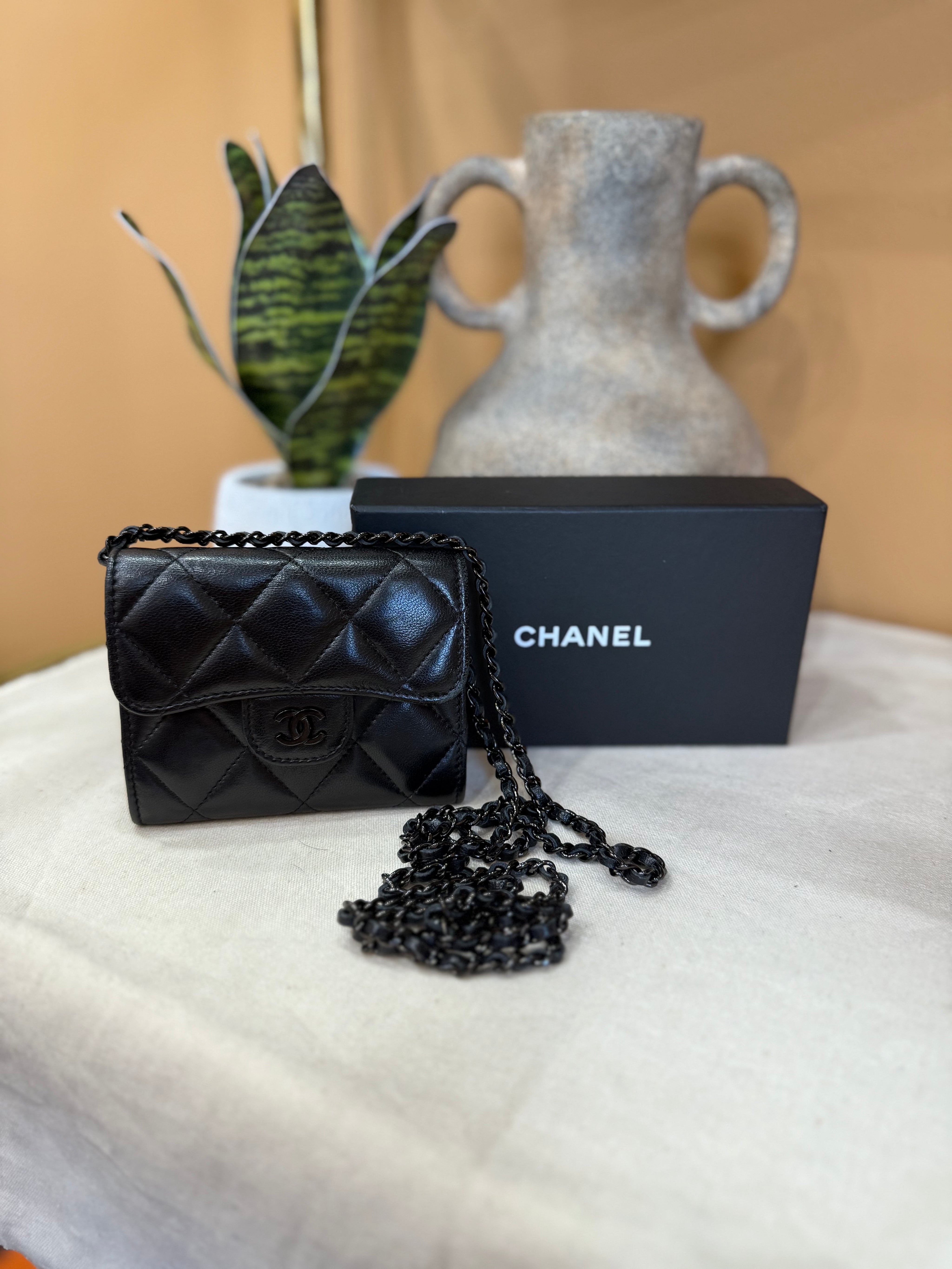 Chanel Black Lambskin Mini Wallet on a Chain