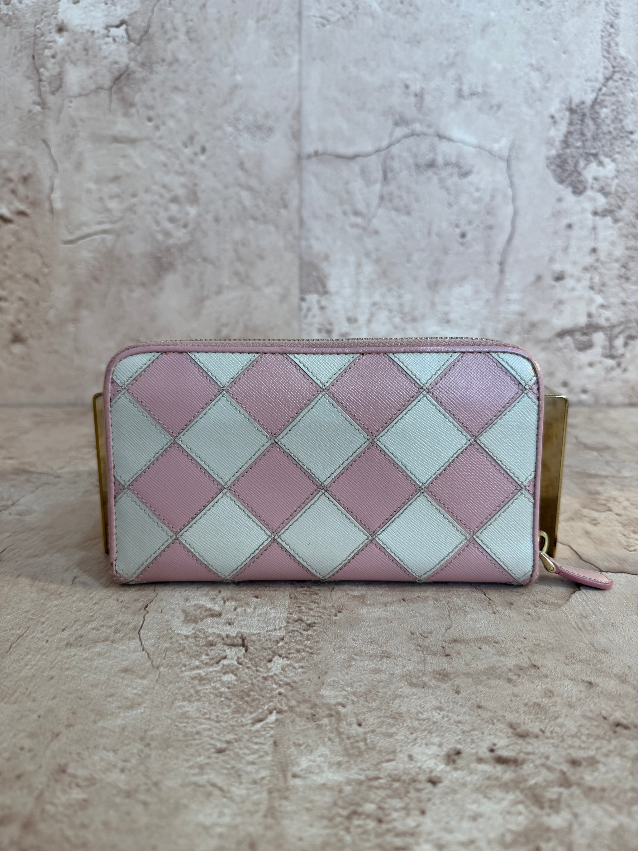 Prada Pink & White Diamond Leather Stitch Zippy Wallet