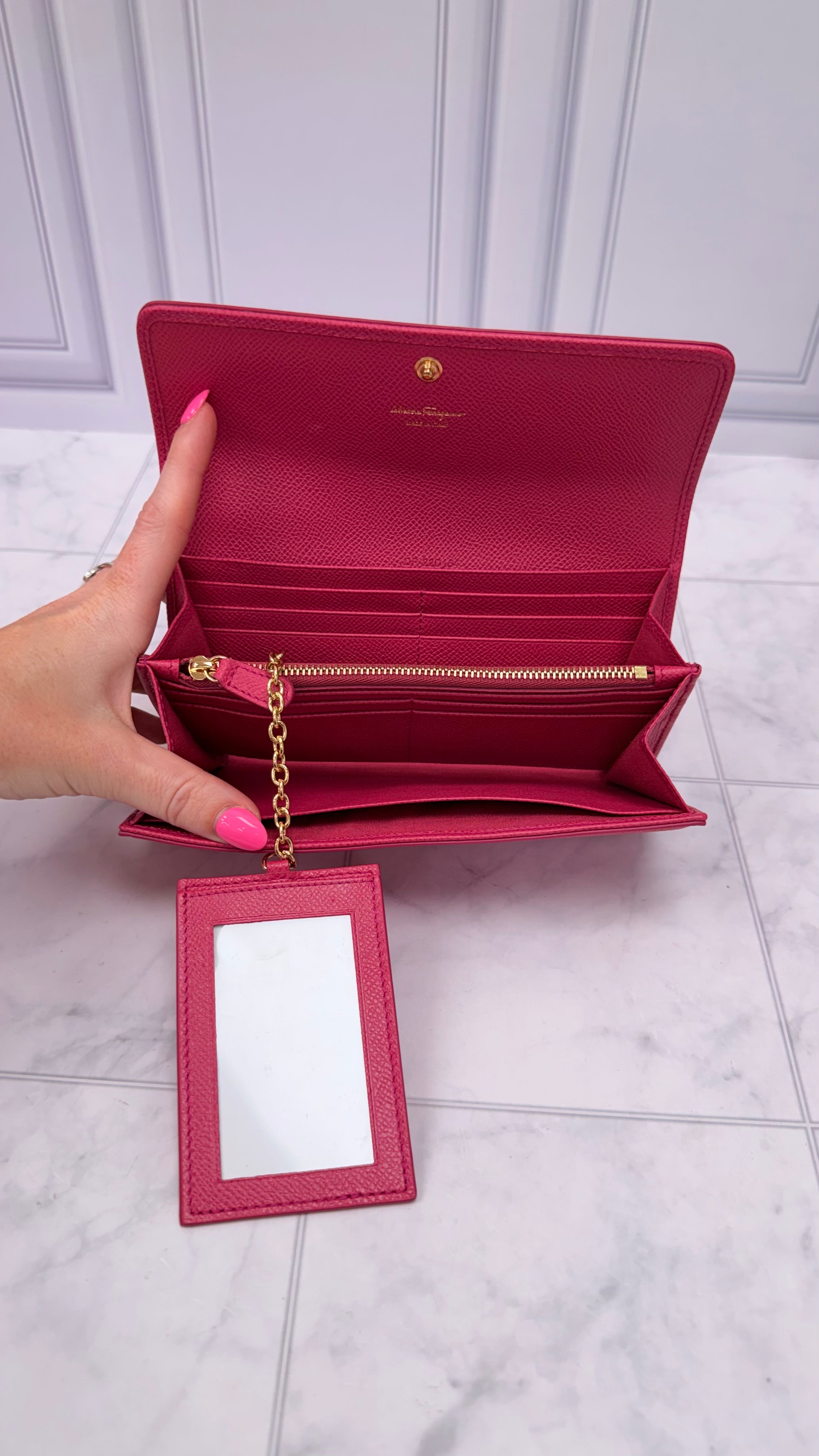 Salvatore Ferragamo Pink Pebbled Leather Bow Long Wallet w/ Card Holder
