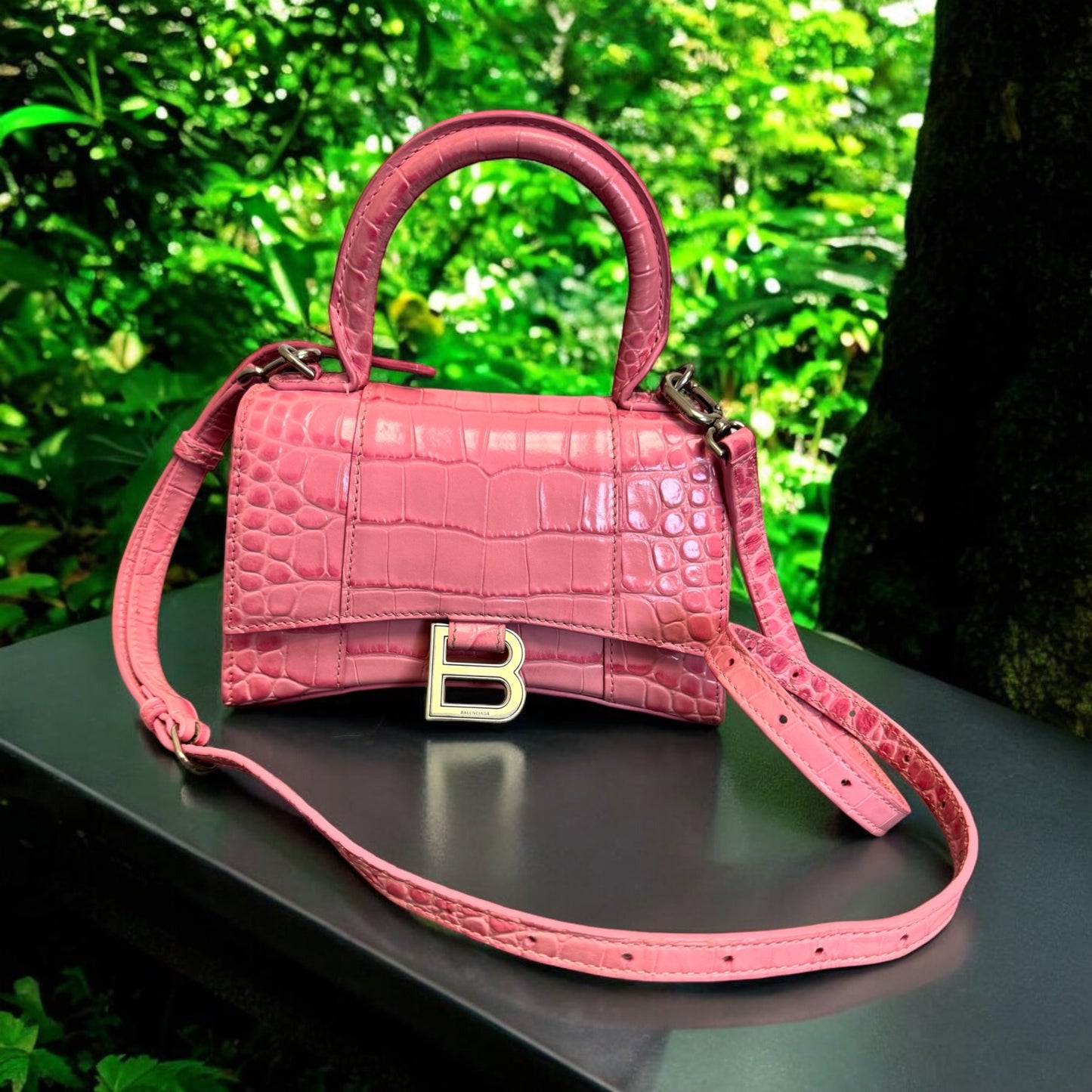 Balenciaga Pink Croc Embossed 2Way XS Hourglass Bag