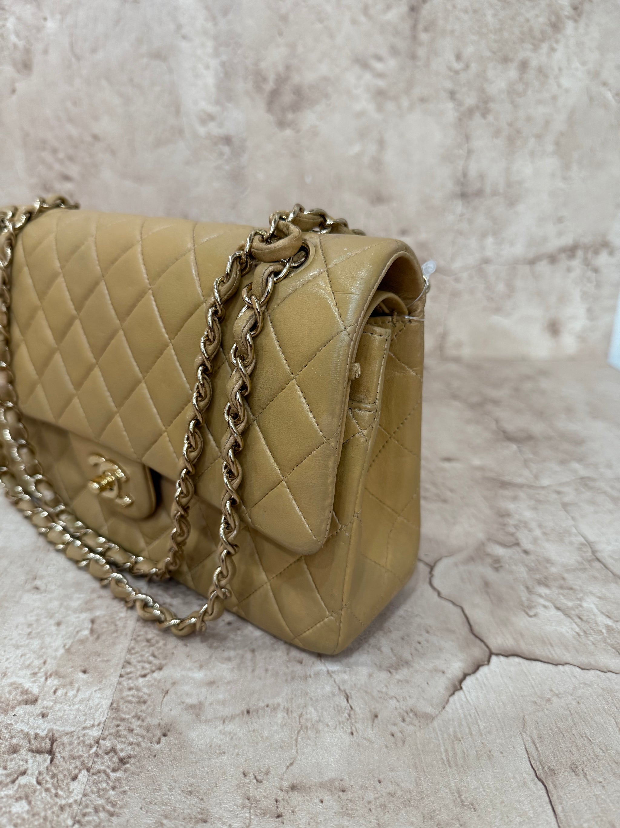 Chanel Beige Lambskin Quilted Medium Double Flap