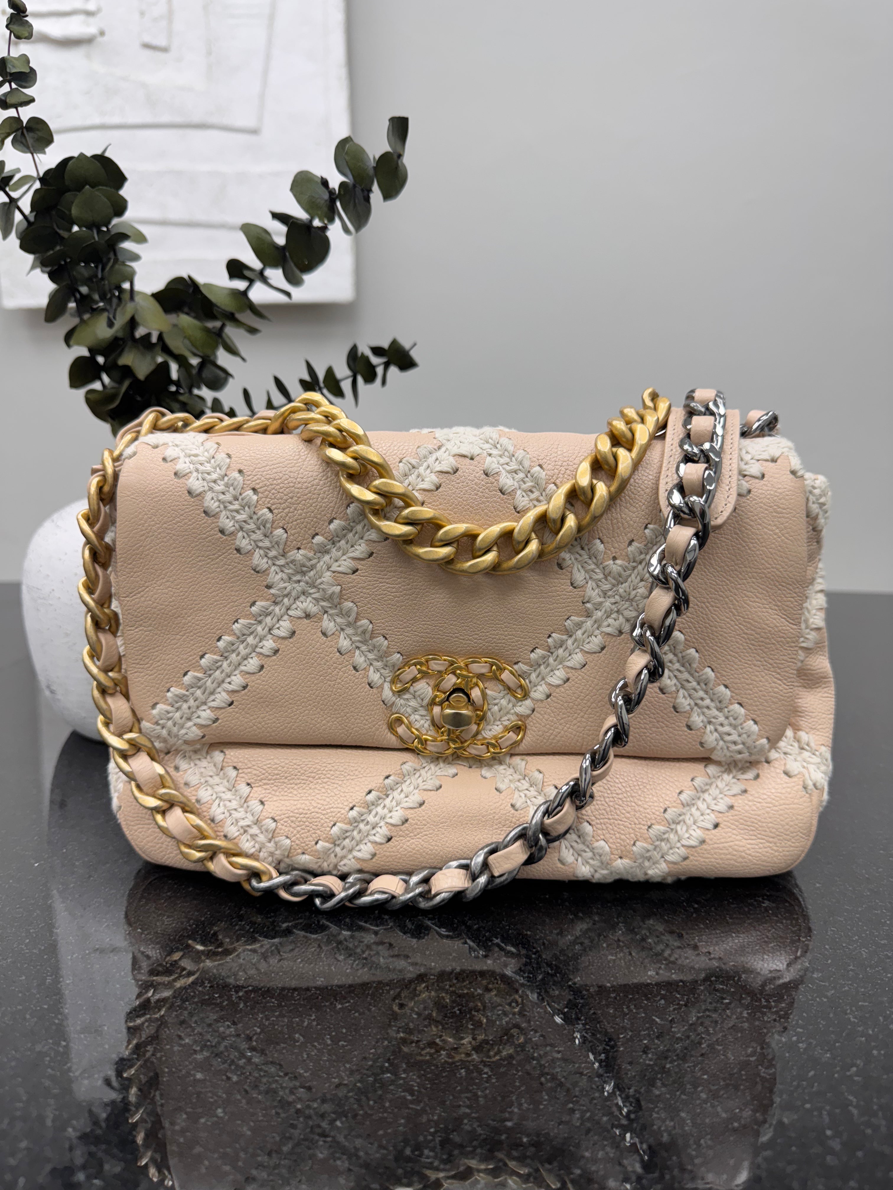 Chanel Beige Grained Leather And Crochet Stitch Chanel 19 Small Flap Bag