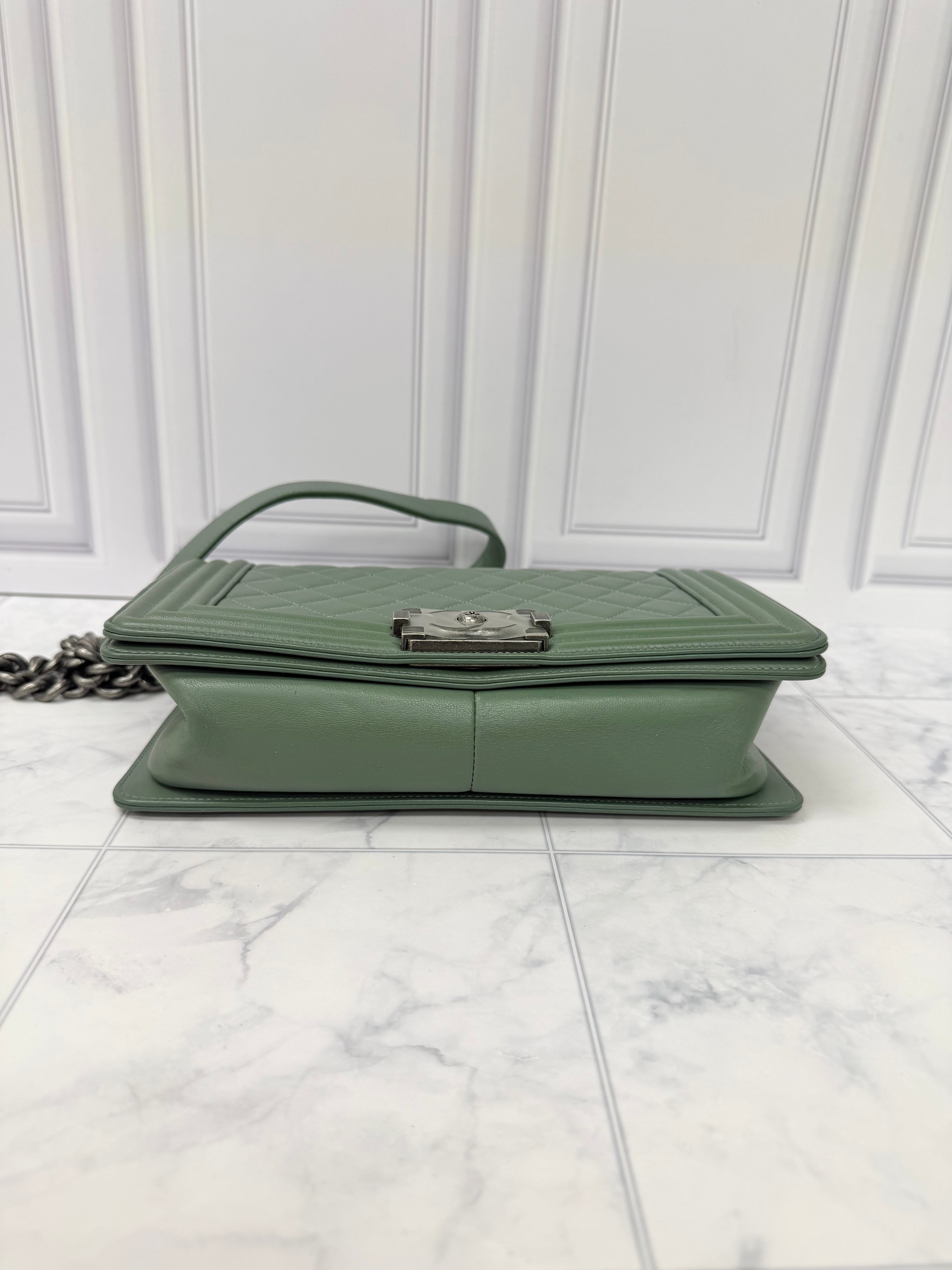 LIKE NEW - Chanel Sage Green Quilted Leather Medium  Boy Bag