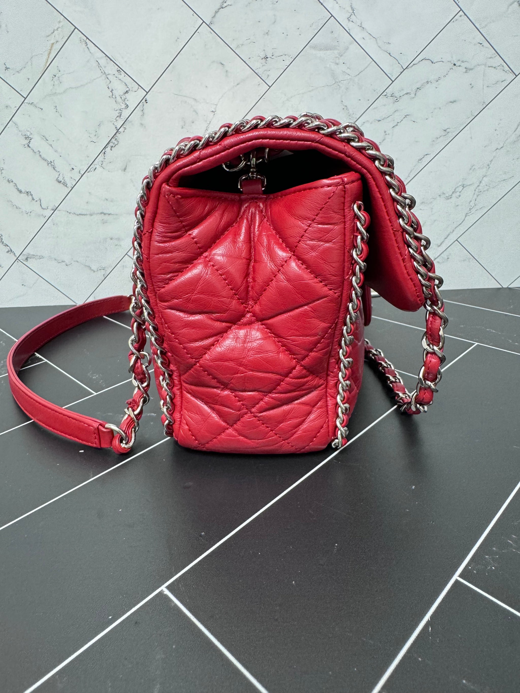 Chanel Red Crinkle Leather Running Chain Medium Single Flap