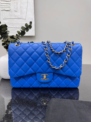 Chanel Blue Diamond Quilted Lambskin Jumbo Double Flap Bag