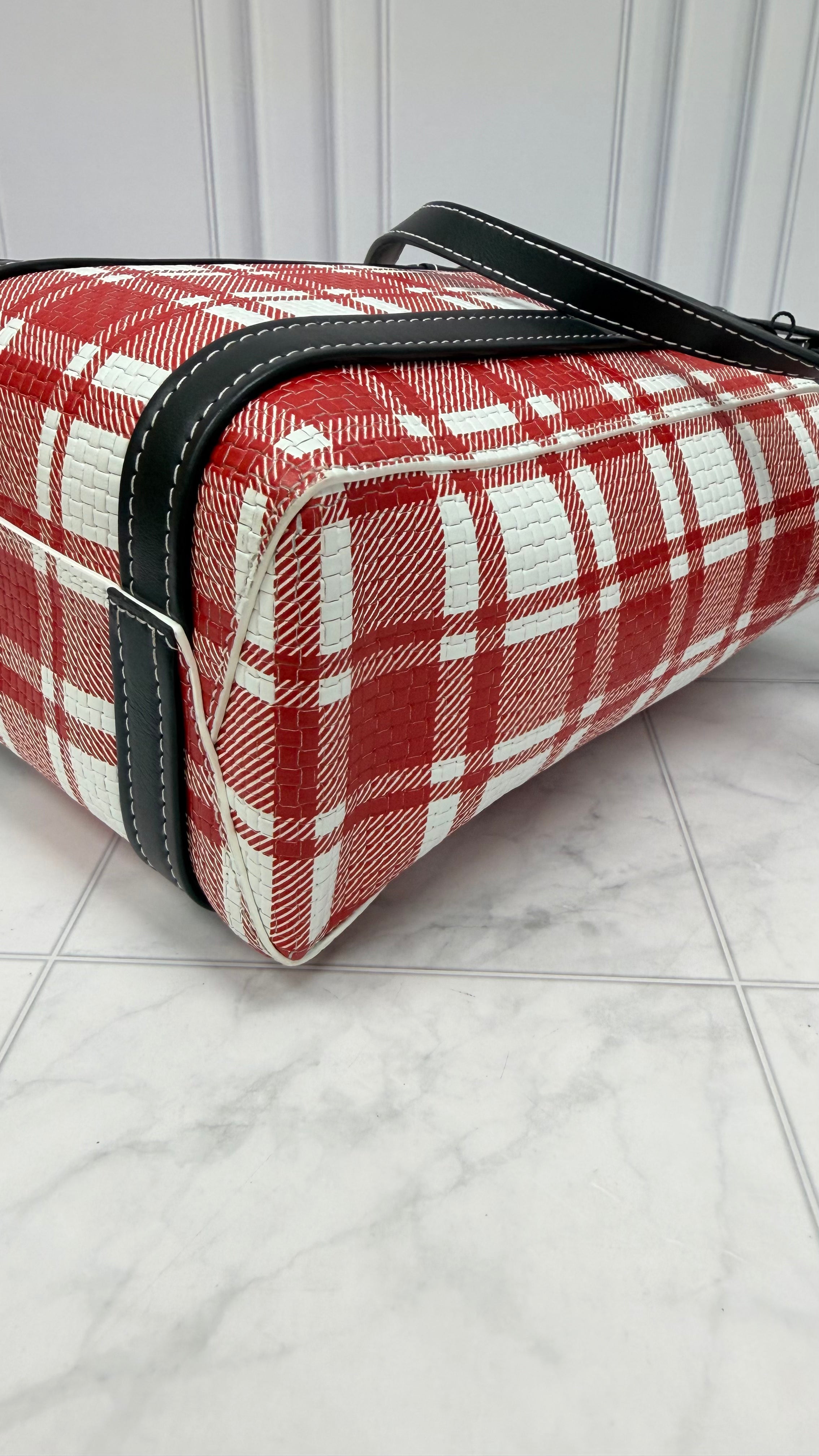LIKE NEW- Balenciaga Red & White Plaid Leather Small Shopper Tote