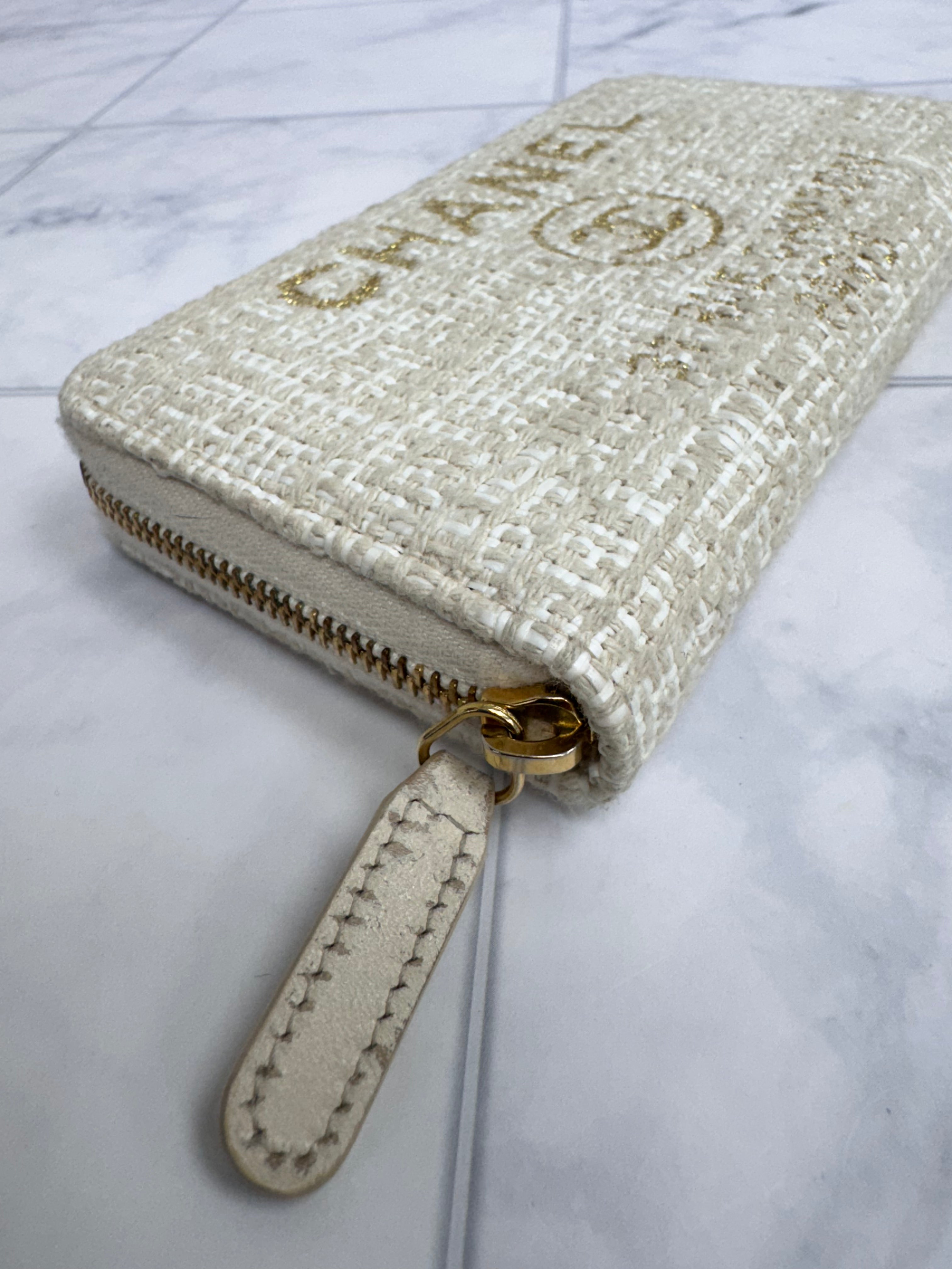 Chanel Beige Tweed Deauville Compact Zippy Wallet