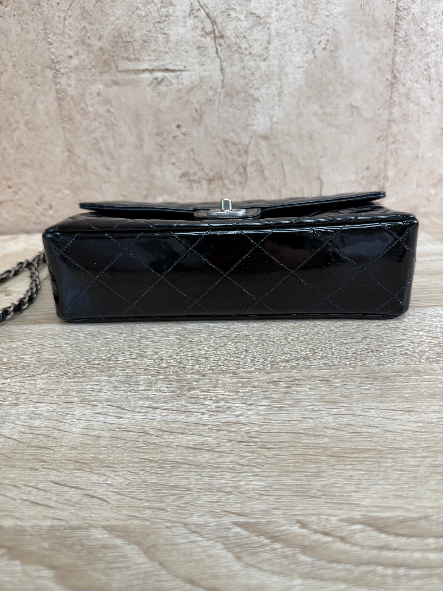 Chanel Quilted Black Patent Leather Flap Bag
