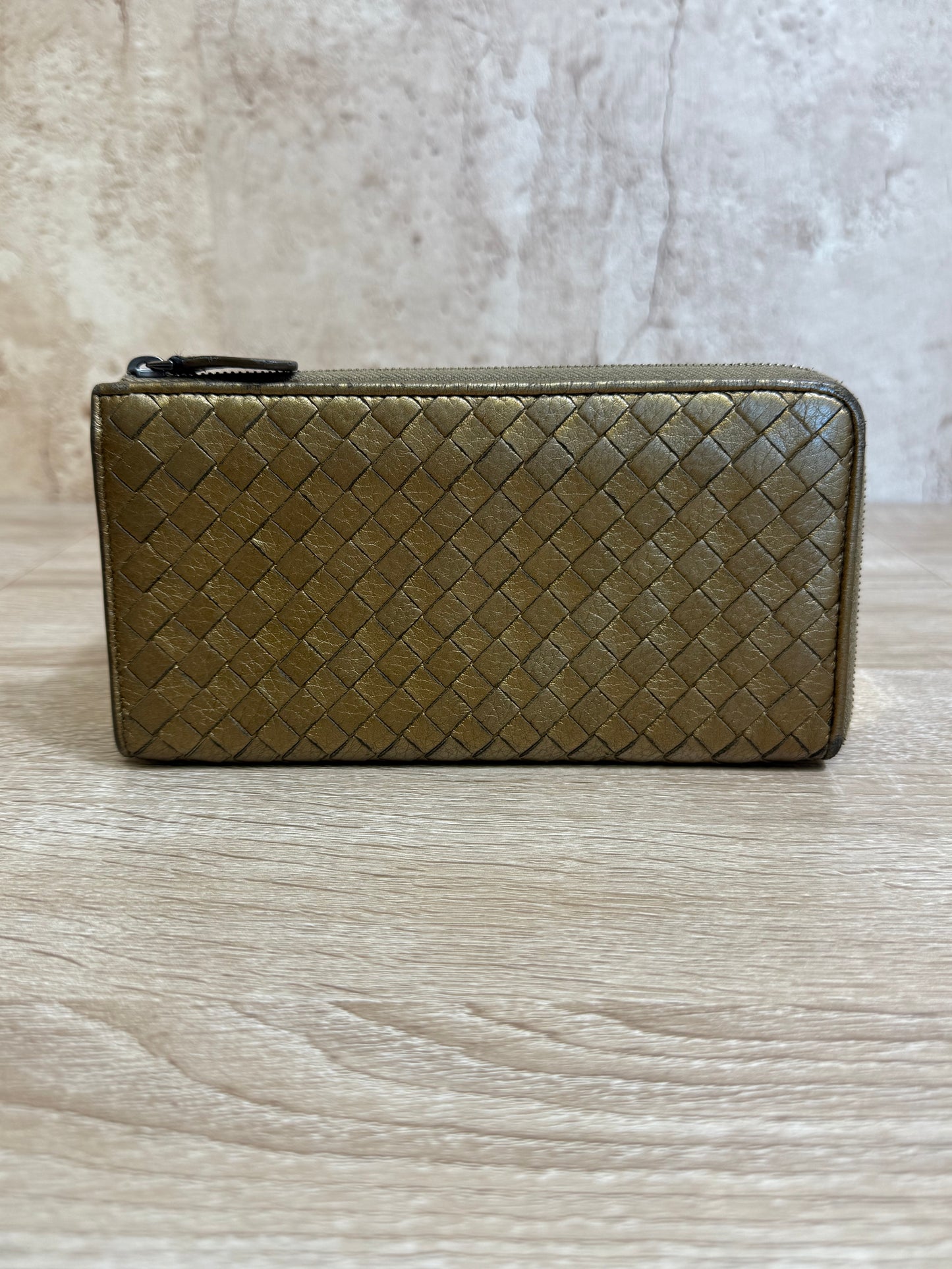 Bottega Veneta Gold Intrecciato Leather Zip-Around Wallet