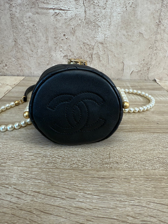 Chanel Black Leather Mini About Pearls Bucket Bag